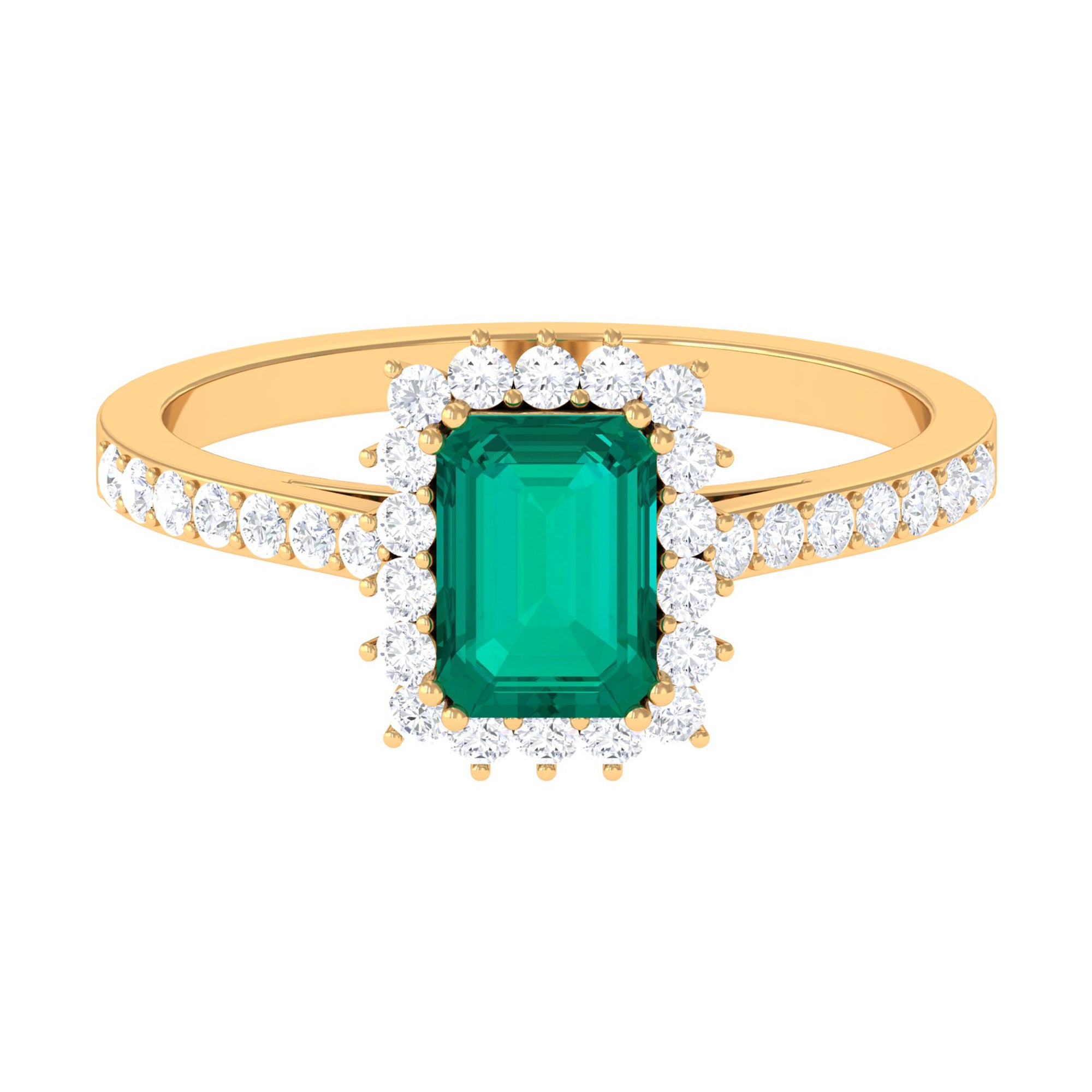 Rosec Jewels-Vintage Inspired Octagon Cut Emerald and Diamond Halo Engagement Ring