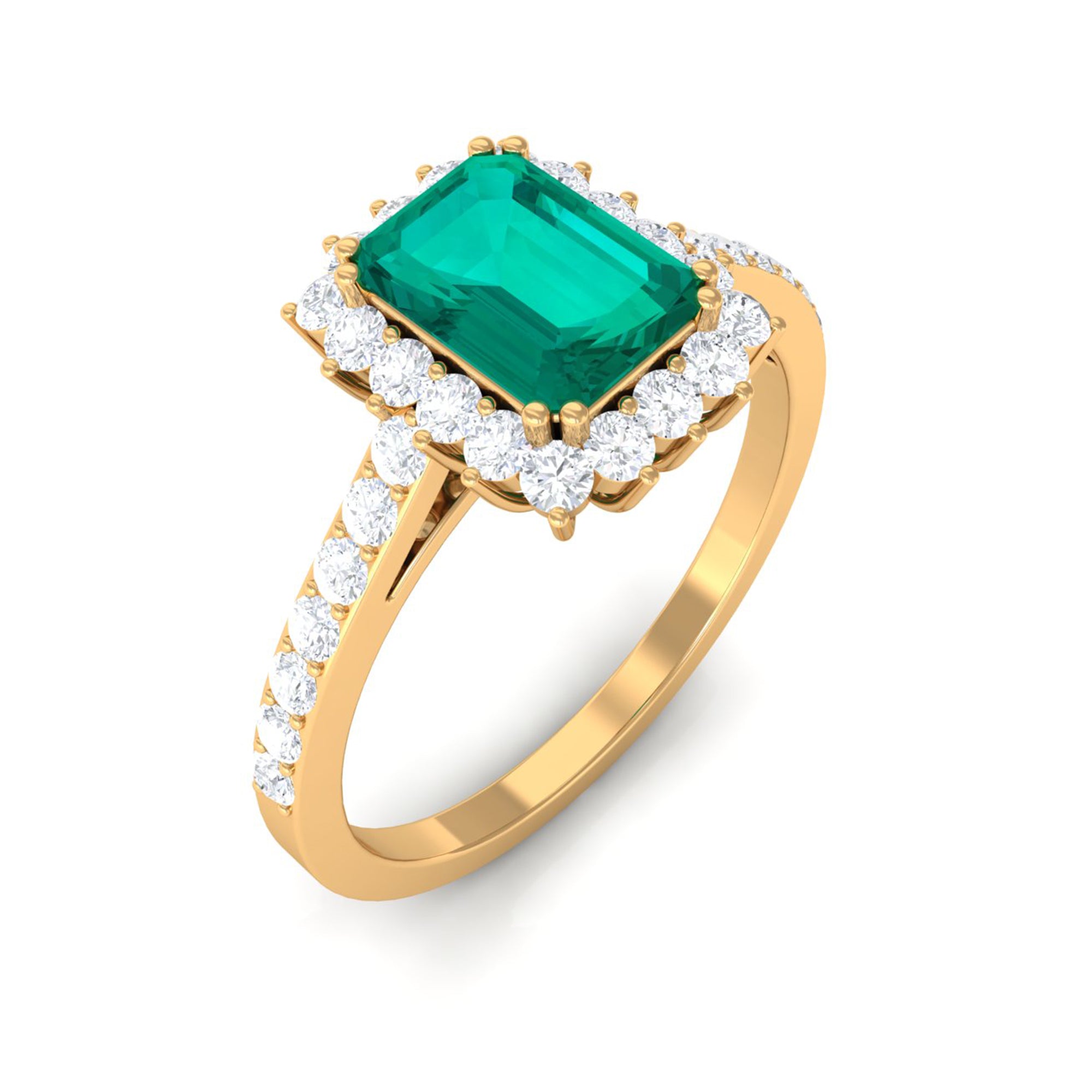 Rosec Jewels-Vintage Inspired Octagon Cut Emerald and Diamond Halo Engagement Ring