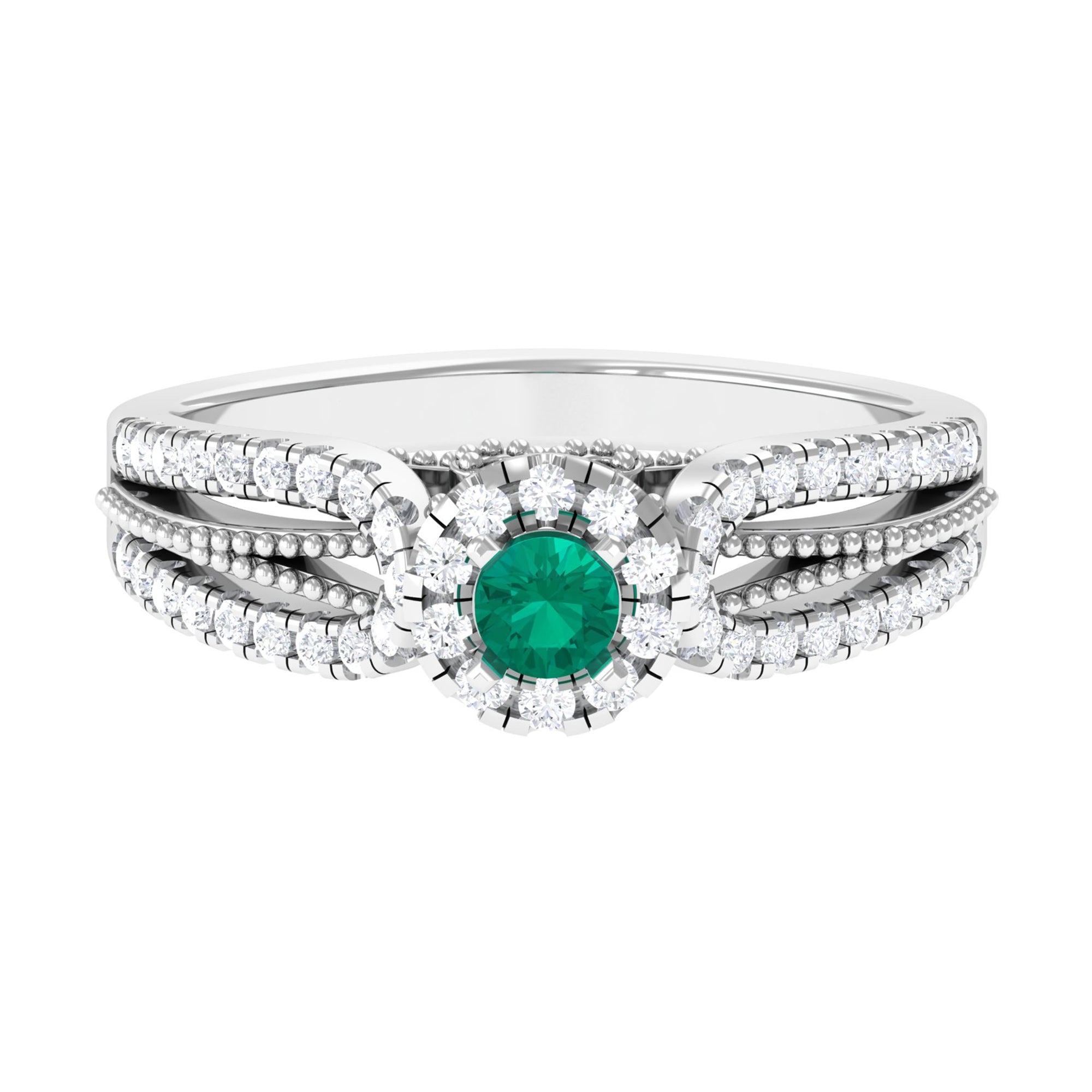 Rosec Jewels-Real Emerald and Diamond Designer Engagement Ring in Split Shank