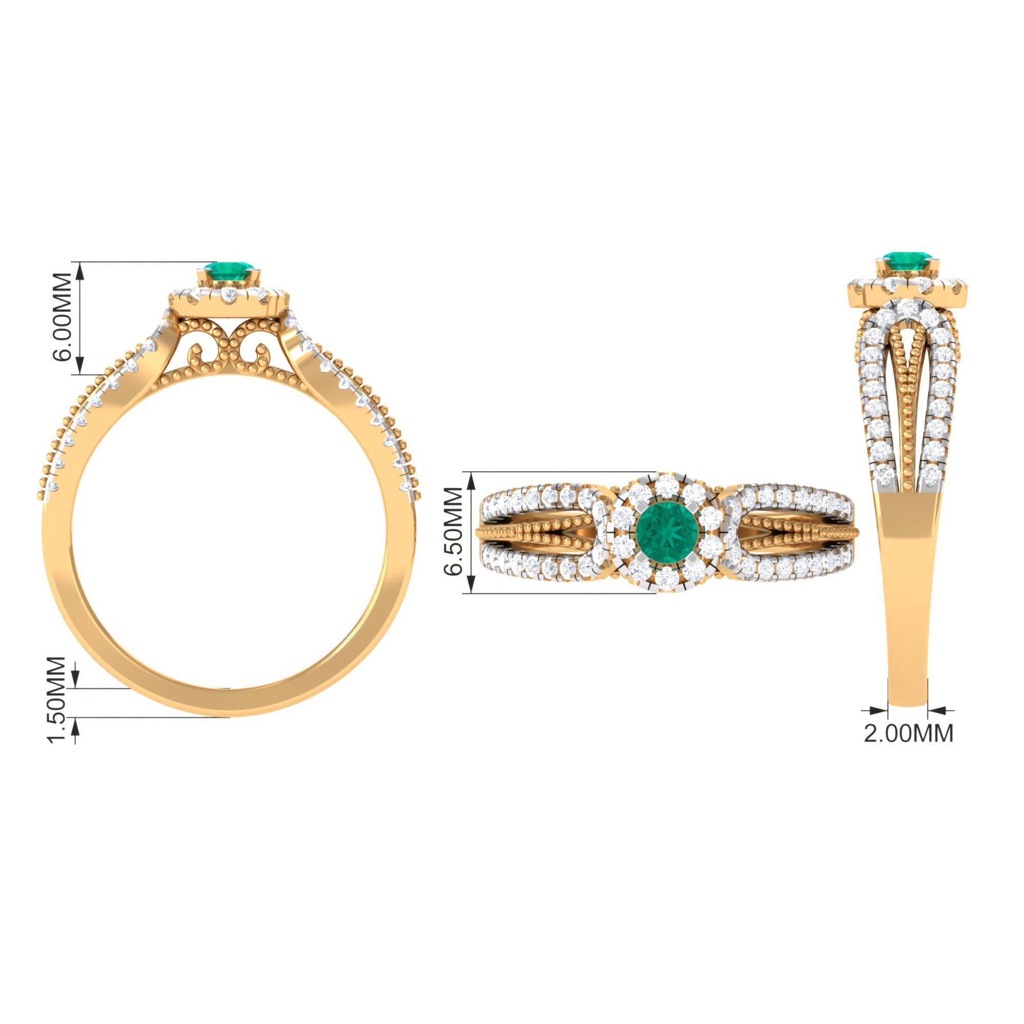 Rosec Jewels-Real Emerald and Diamond Designer Engagement Ring in Split Shank