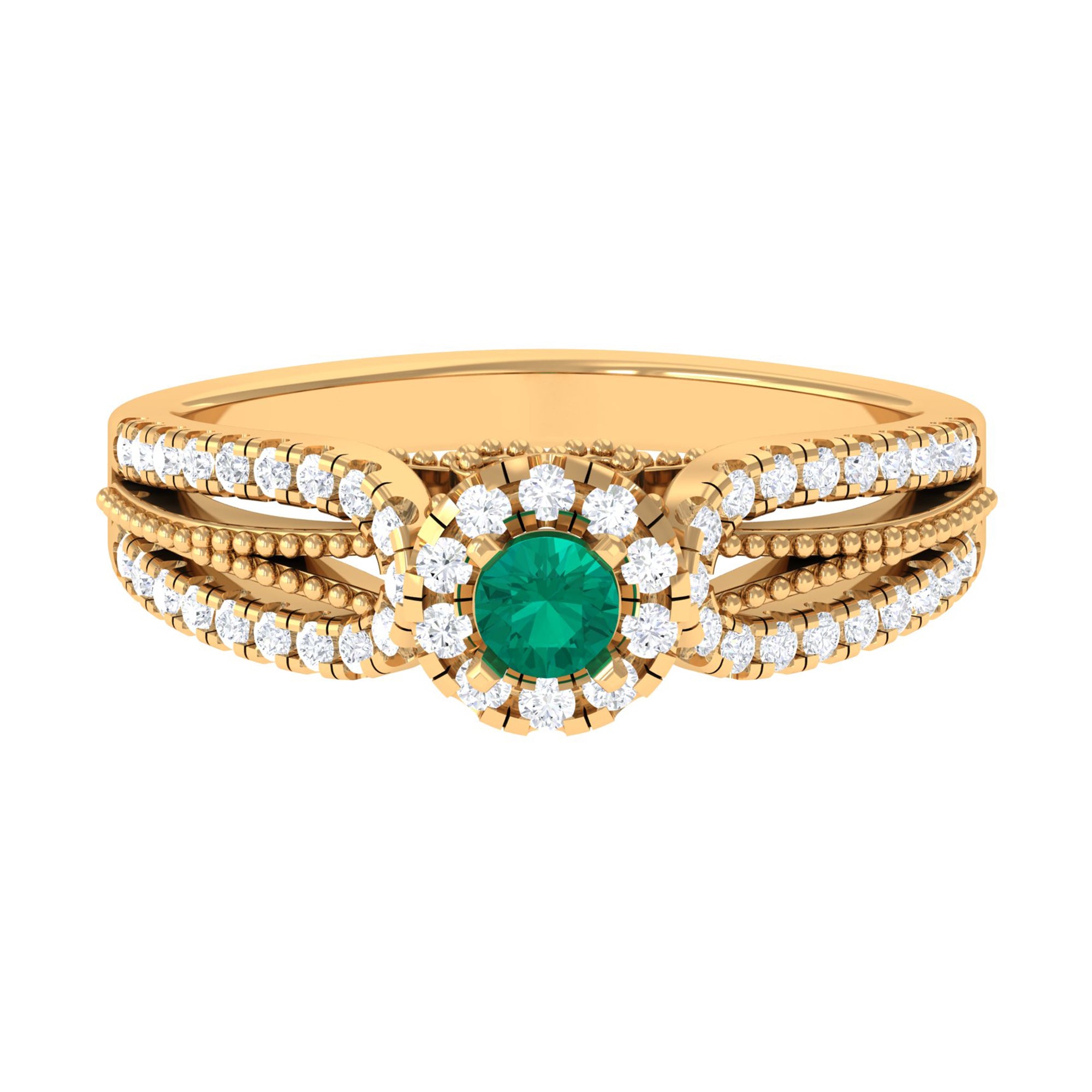 Rosec Jewels-Real Emerald and Diamond Designer Engagement Ring in Split Shank