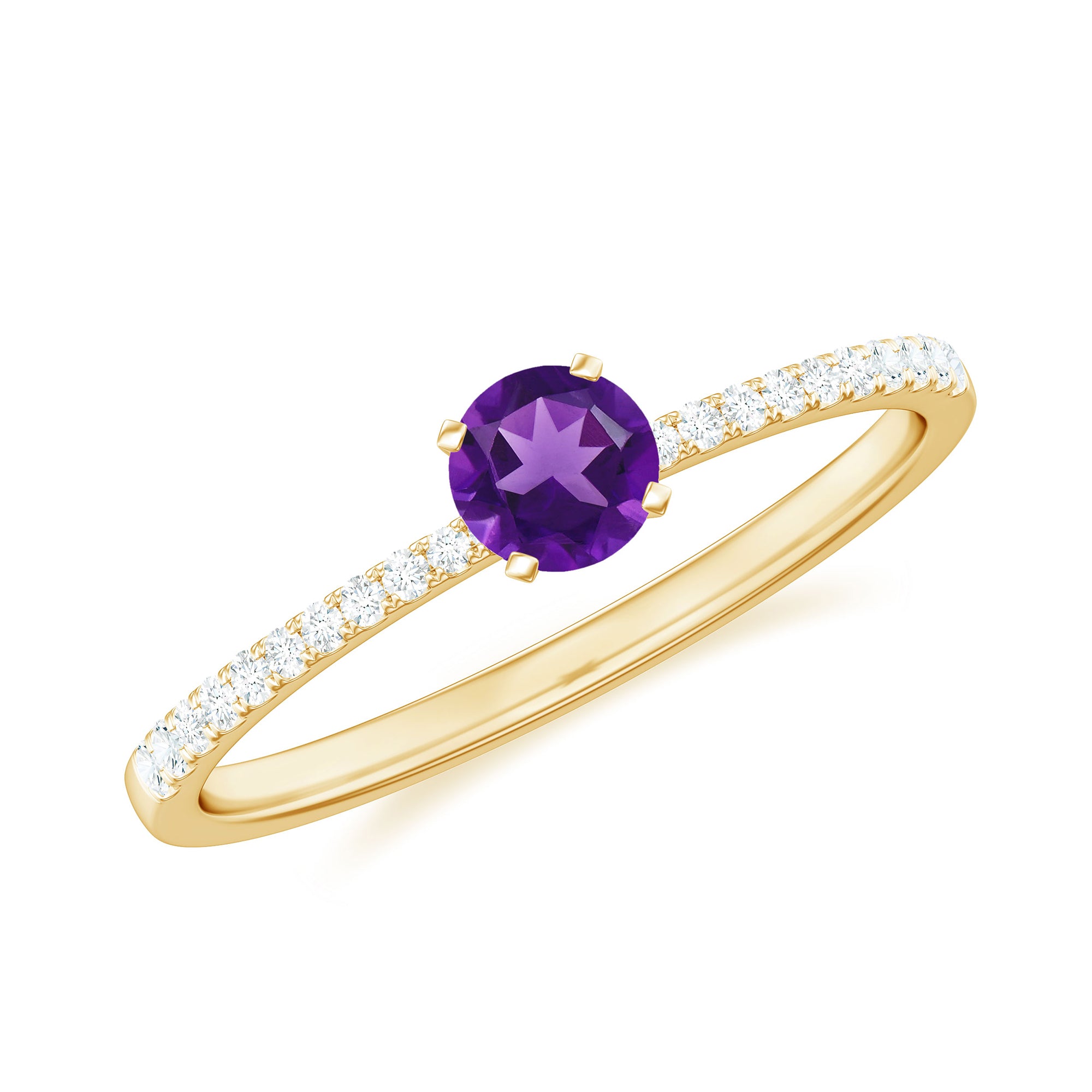 Rosec Jewels-Round Amethyst Solitaire Engagement Ring with Diamond