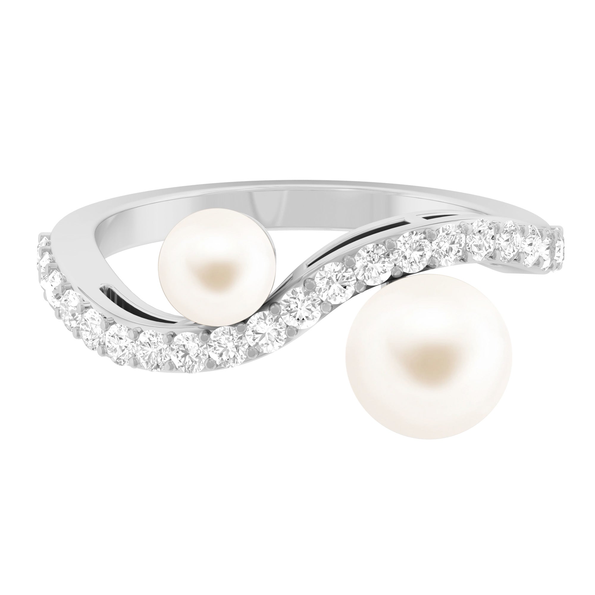 Rosec Jewels-2 Stone Freshwater Pearl Cocktail Ring with Diamond Curved Band