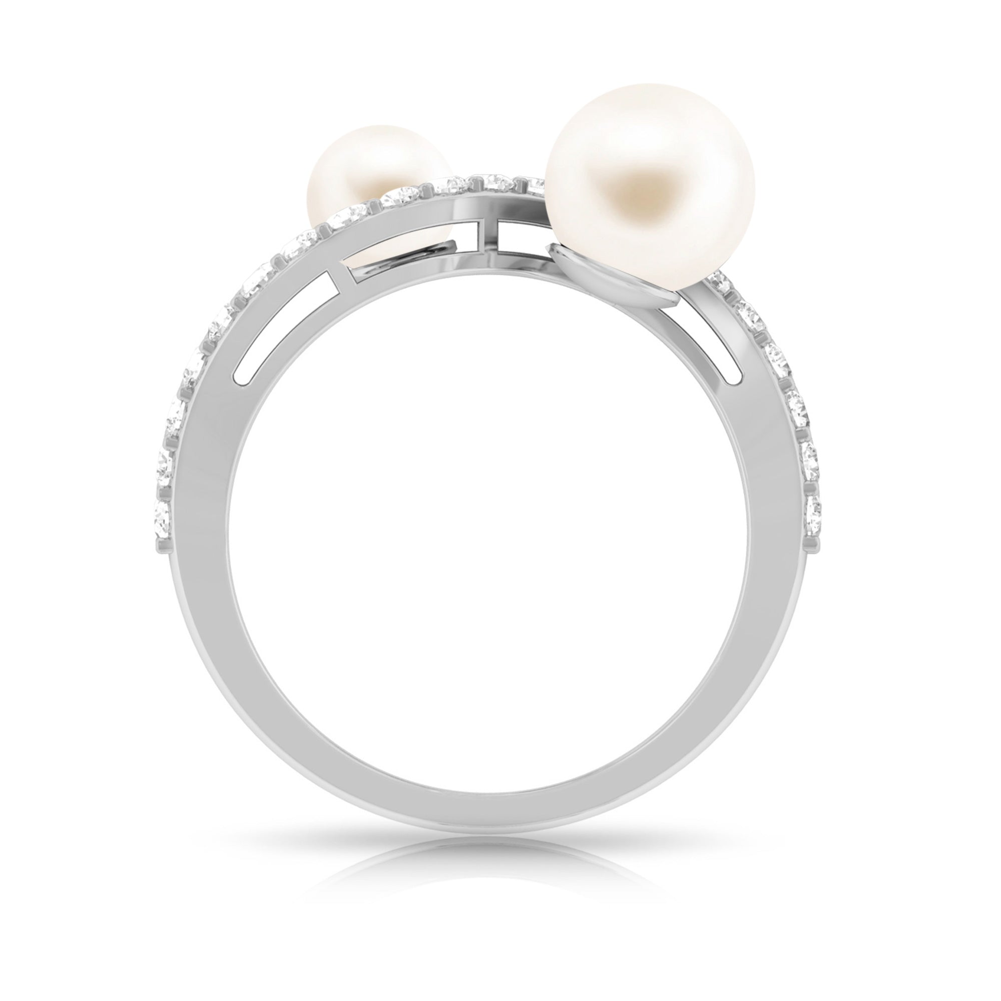 Rosec Jewels-2 Stone Freshwater Pearl Cocktail Ring with Diamond Curved Band