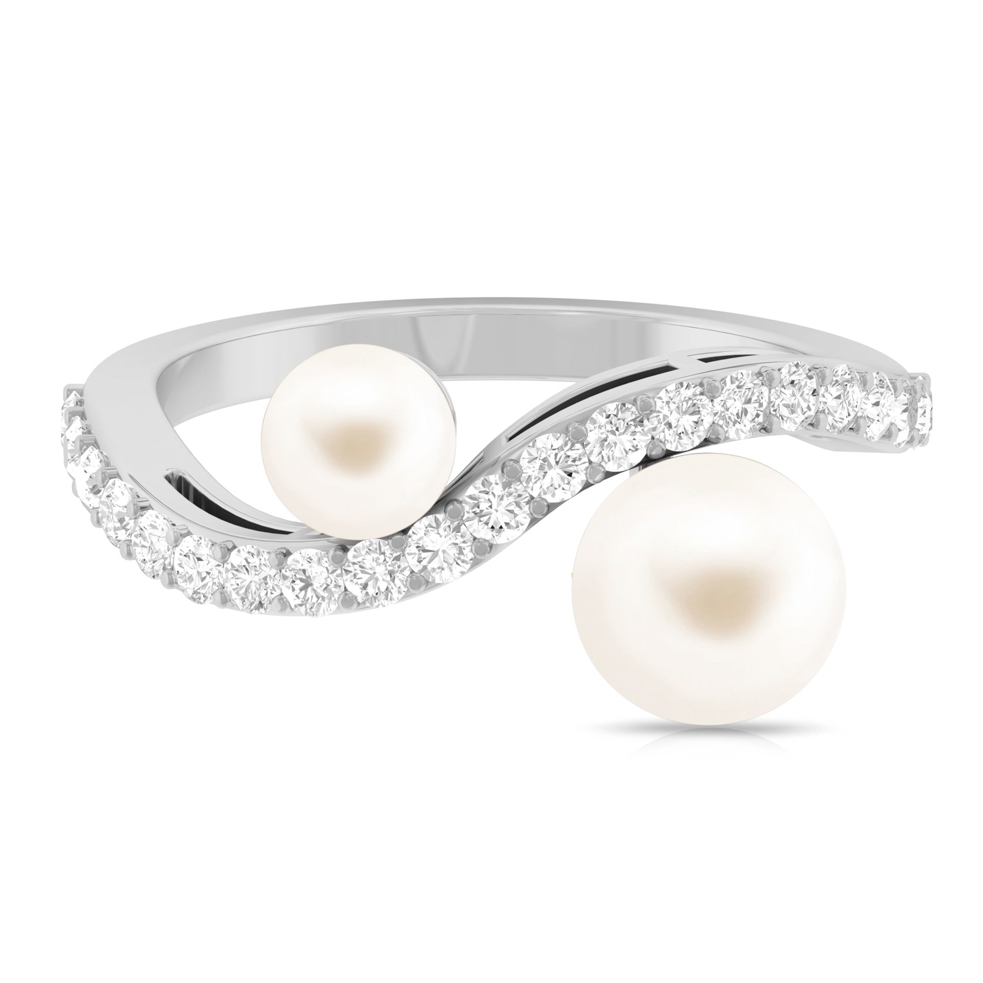 Rosec Jewels-2 Stone Freshwater Pearl Cocktail Ring with Diamond Curved Band