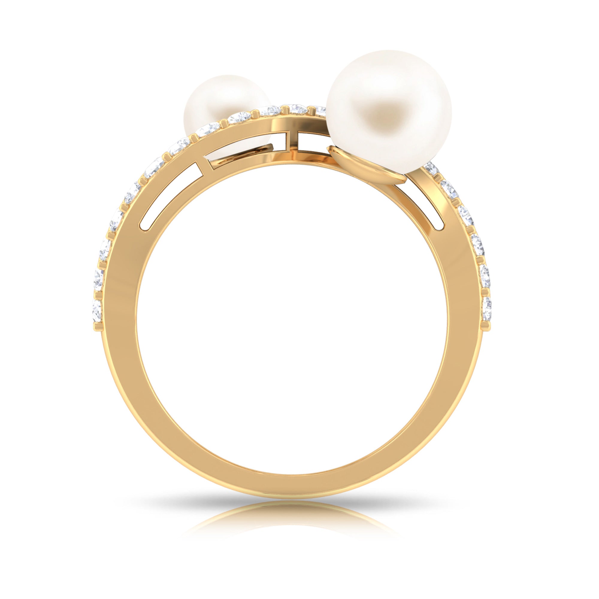 Rosec Jewels-2 Stone Freshwater Pearl Cocktail Ring with Diamond Curved Band