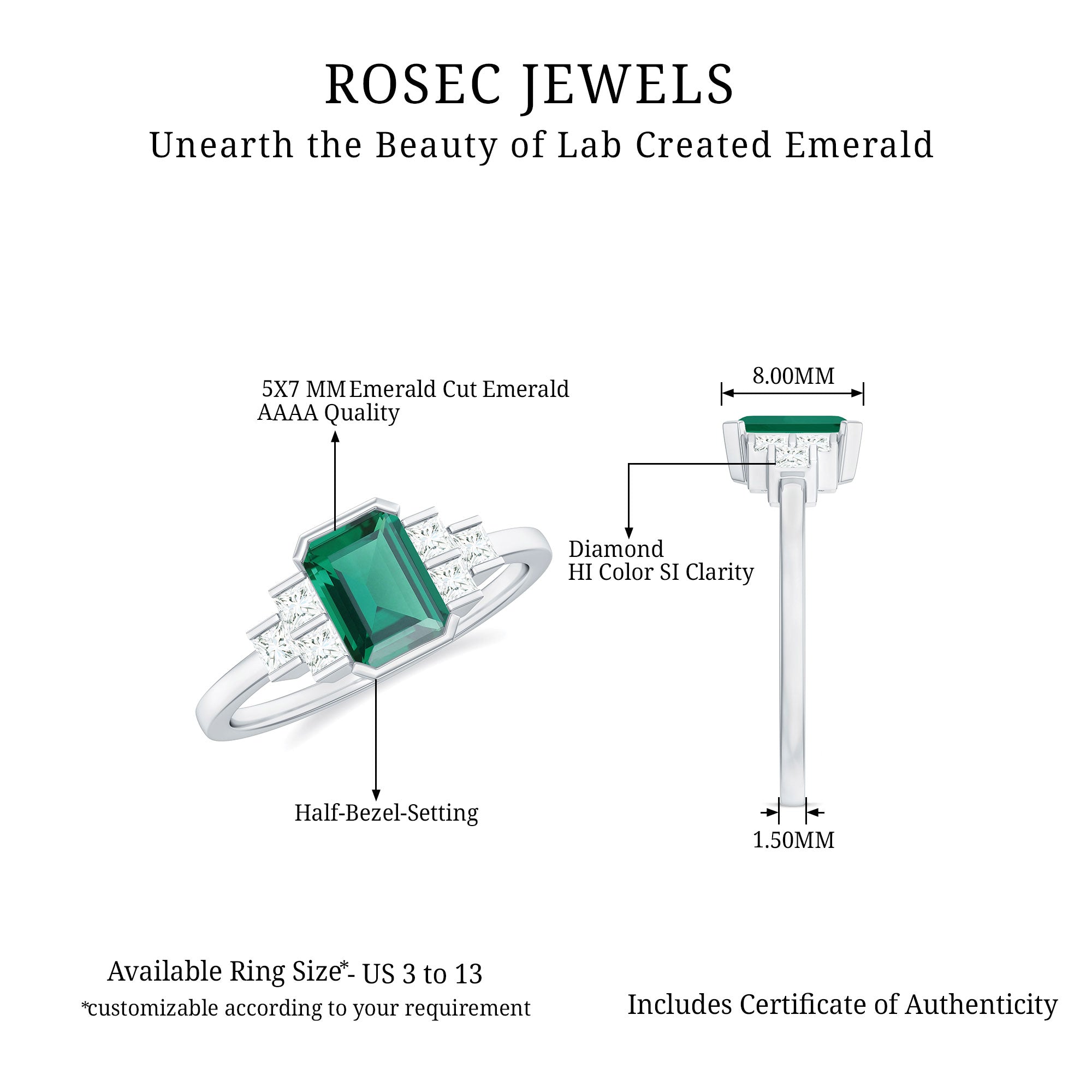 Rosec Jewels-Half Bezel Set Lab Grown Emerald and Diamond Engagement Ring