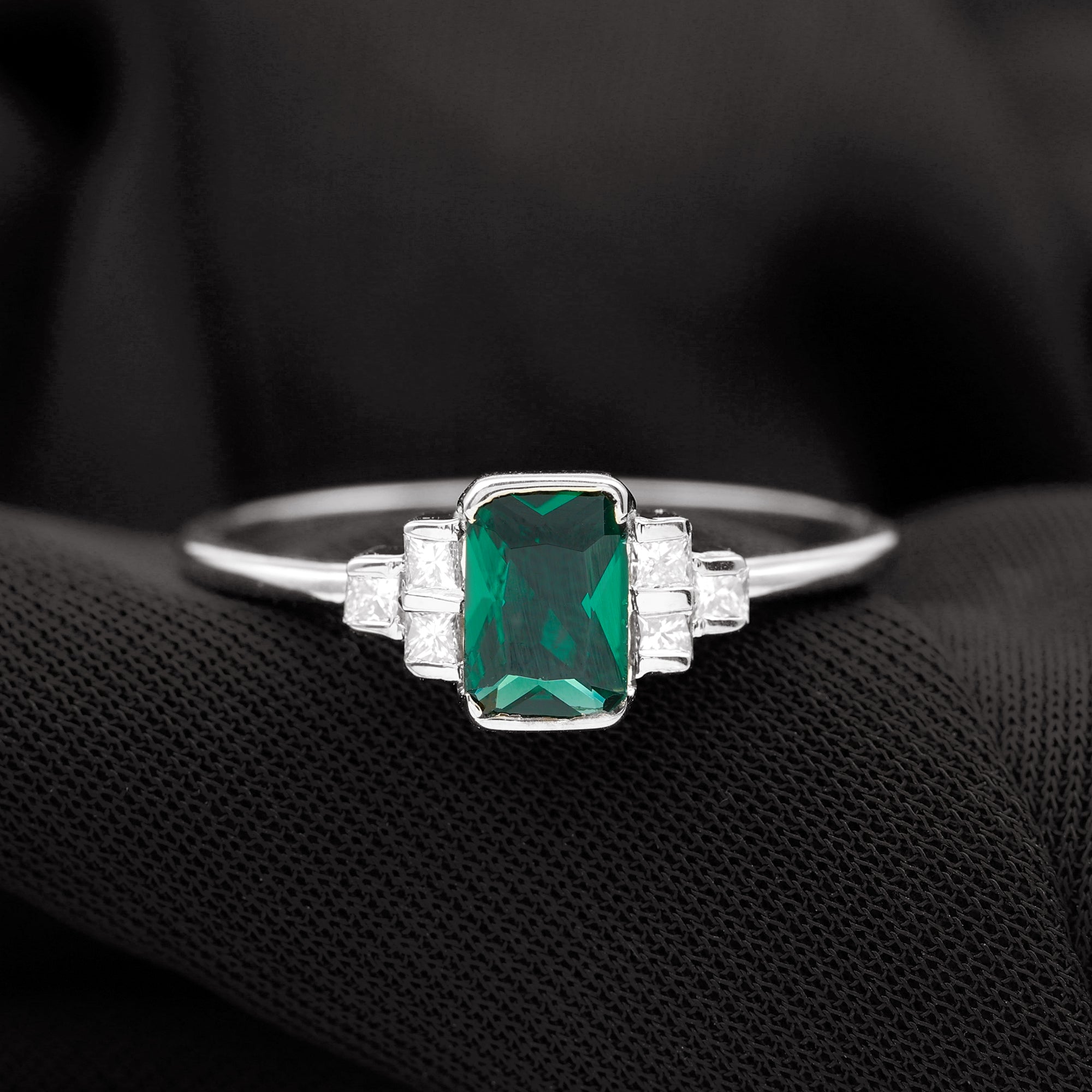 Rosec Jewels-Half Bezel Set Lab Grown Emerald and Diamond Engagement Ring