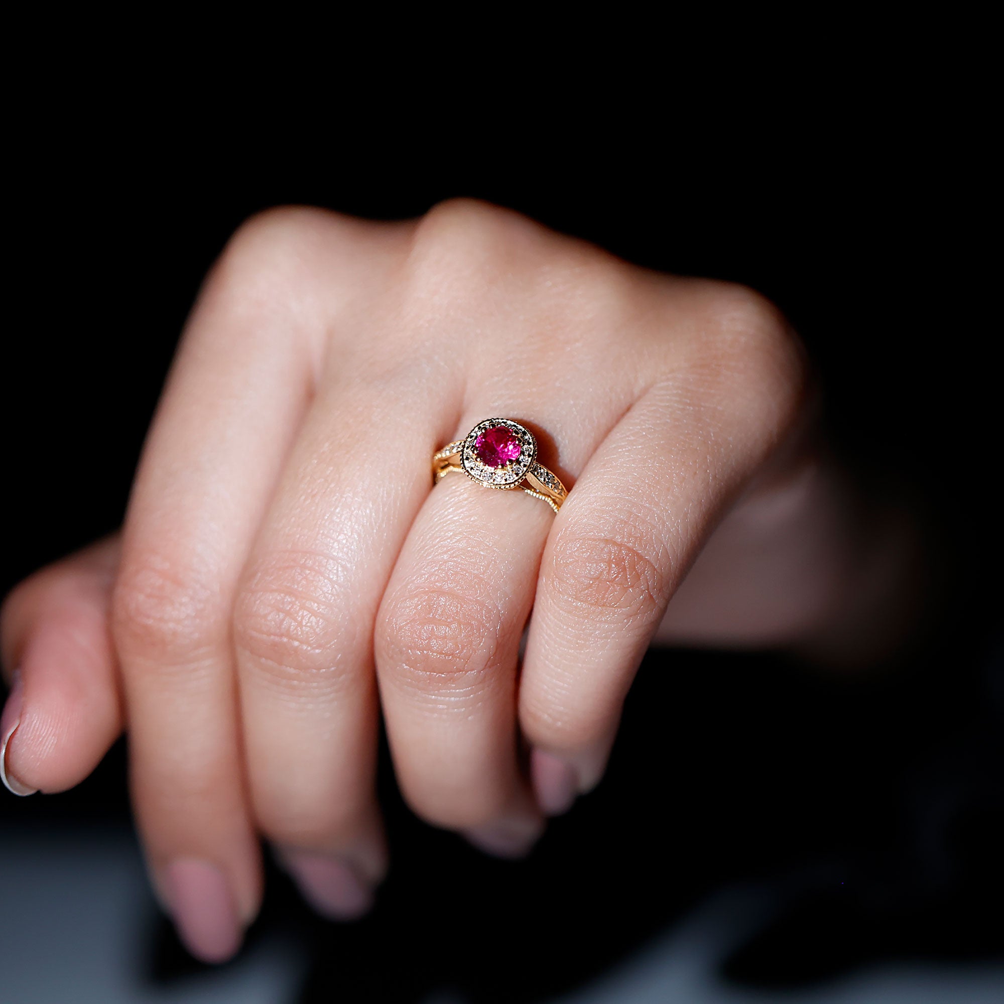 Vintage Inspired Round Created Ruby Engagement Ring with Diamond Halo Lab Created Ruby - ( AAAA ) - Quality - Rosec Jewels