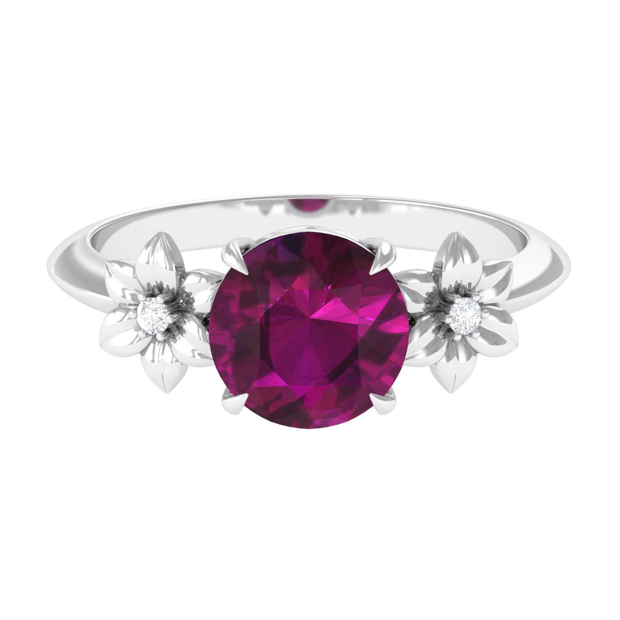 Rosec Jewels-Round Rhodolite Solitaire Flower Engagement Ring with Diamond