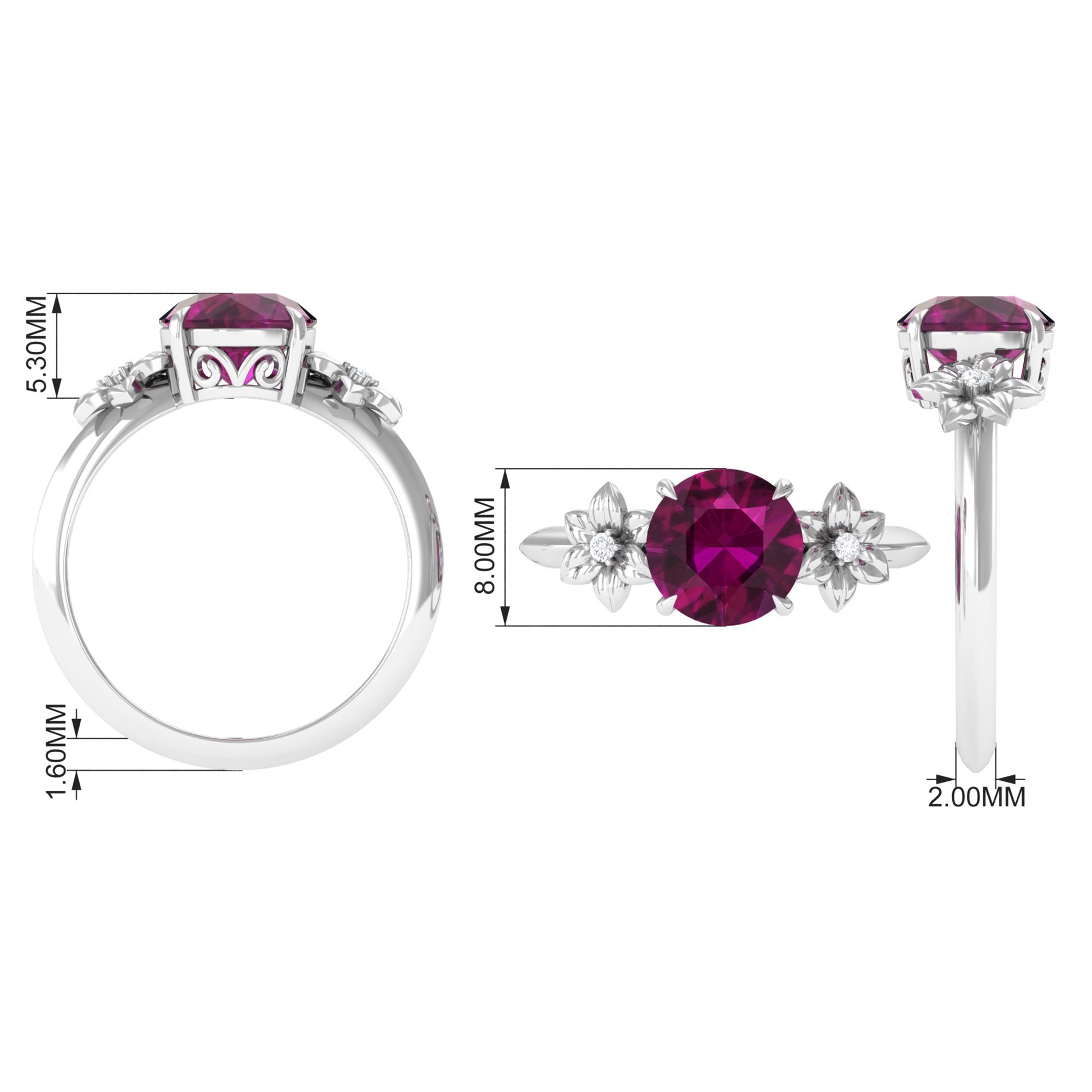 Rosec Jewels-Round Rhodolite Solitaire Flower Engagement Ring with Diamond