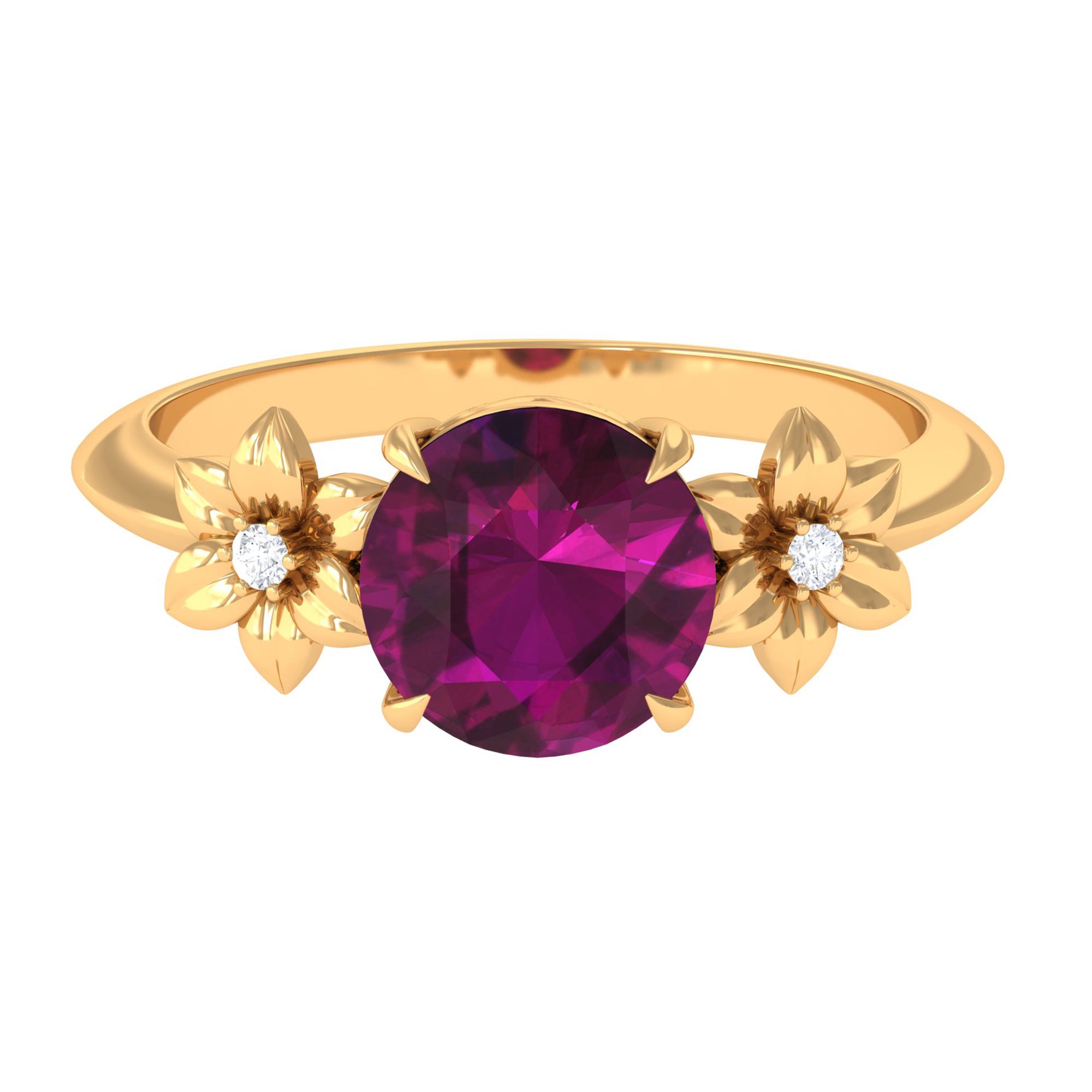 Rosec Jewels-Round Rhodolite Solitaire Flower Engagement Ring with Diamond