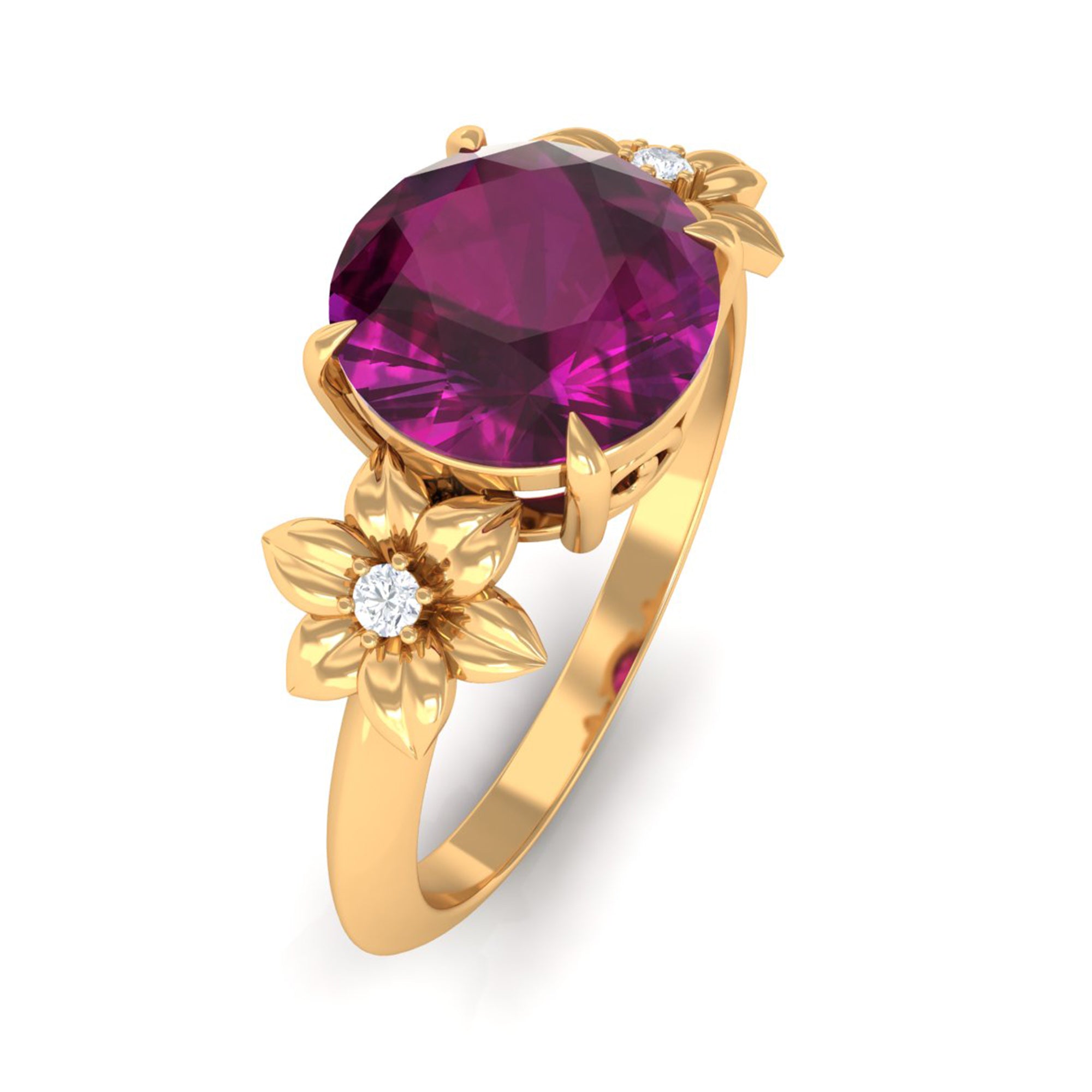 Rosec Jewels-Round Rhodolite Solitaire Flower Engagement Ring with Diamond