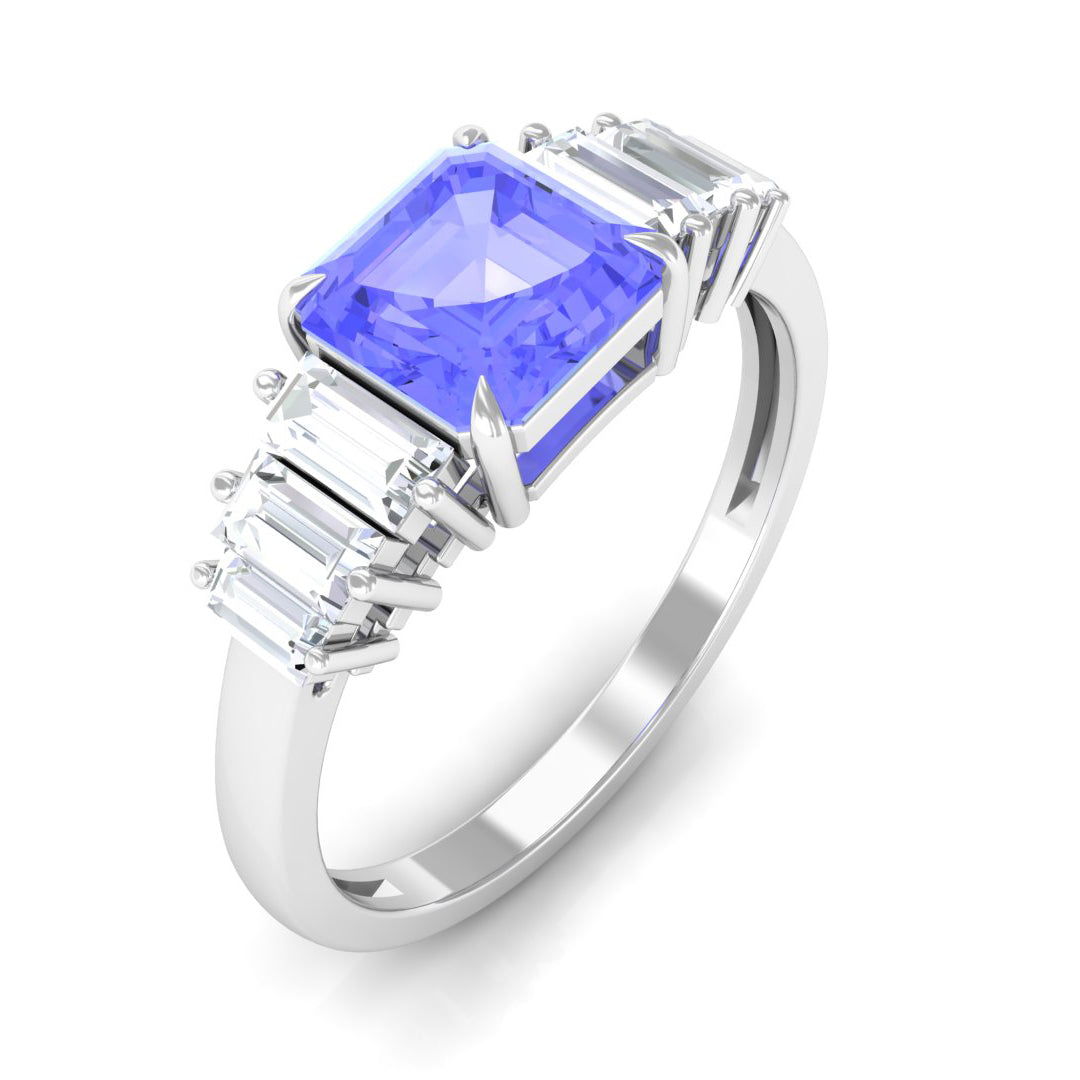 Rosec Jewels-Asscher Cut Tanzanite Designer Engagement Ring with Baguette Moissanite