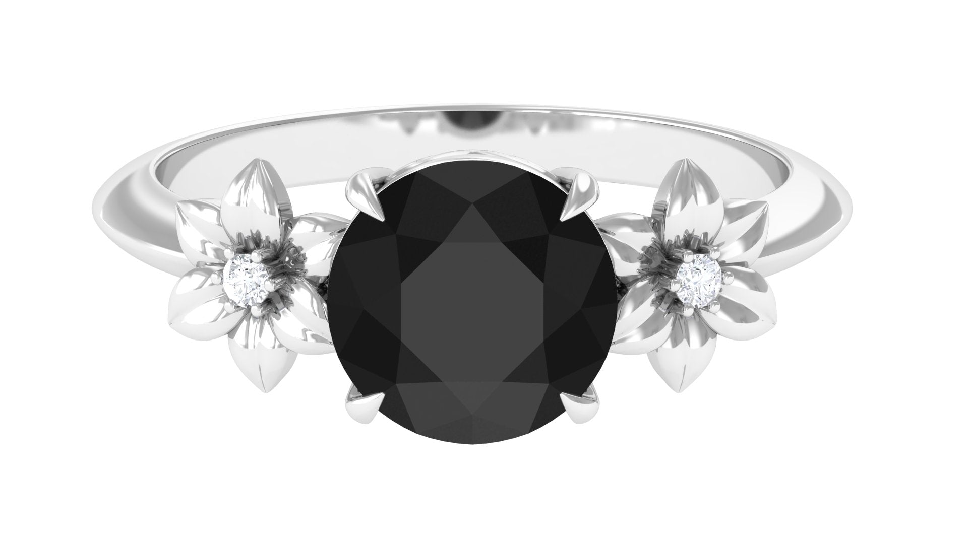 Rosec Jewels-Created Black Diamond Solitaire Flower Engagement Ring with Accent