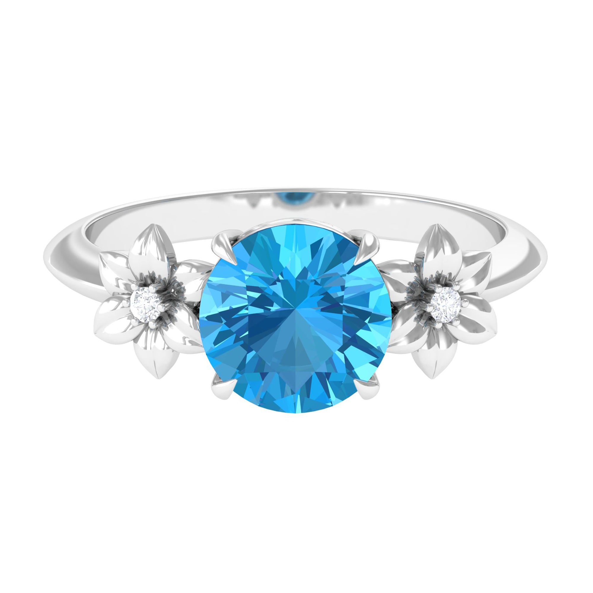 Rosec Jewels-2 CT Round Swiss Blue Topaz Solitaire Flower Engagement Ring with Diamond