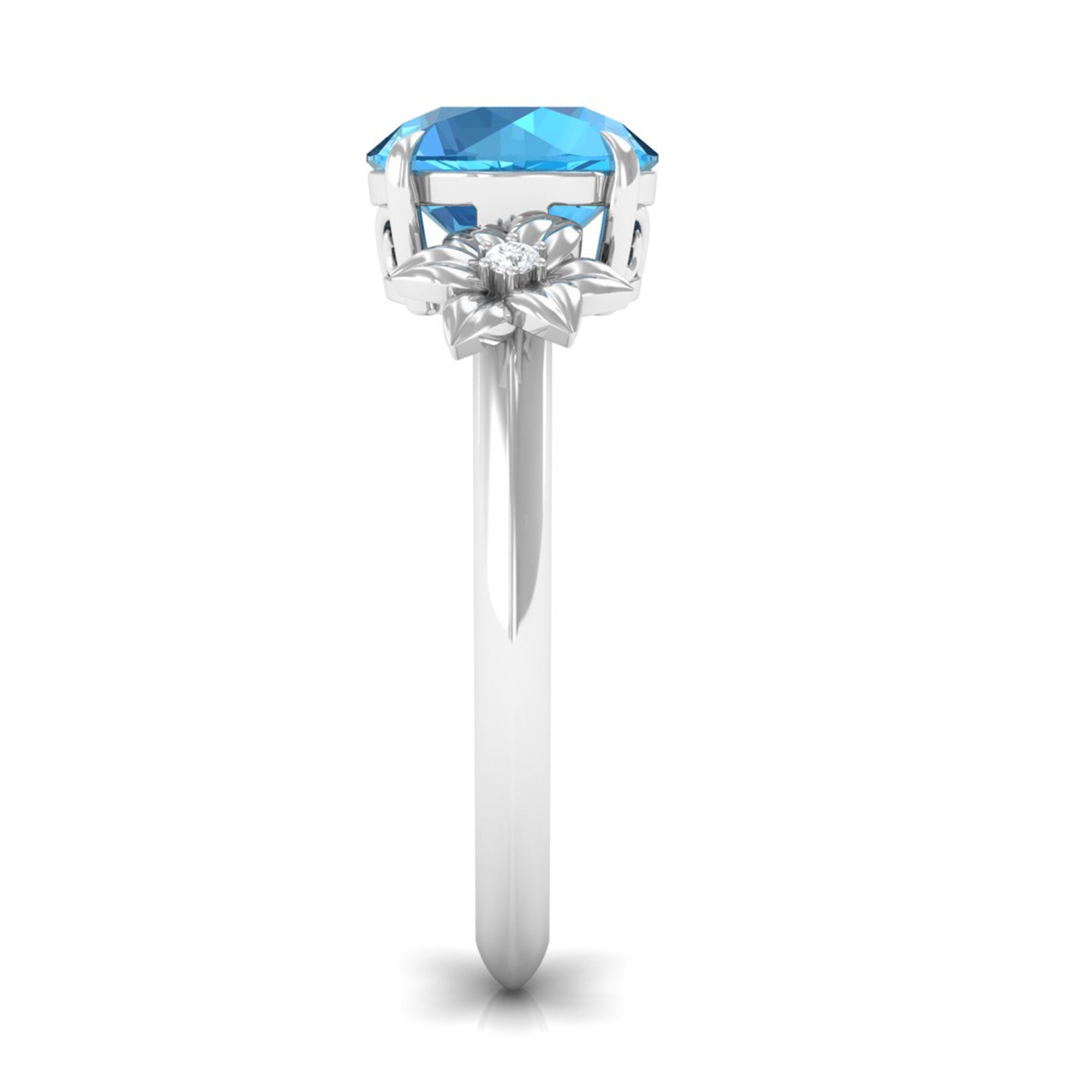 Rosec Jewels-2 CT Round Swiss Blue Topaz Solitaire Flower Engagement Ring with Diamond