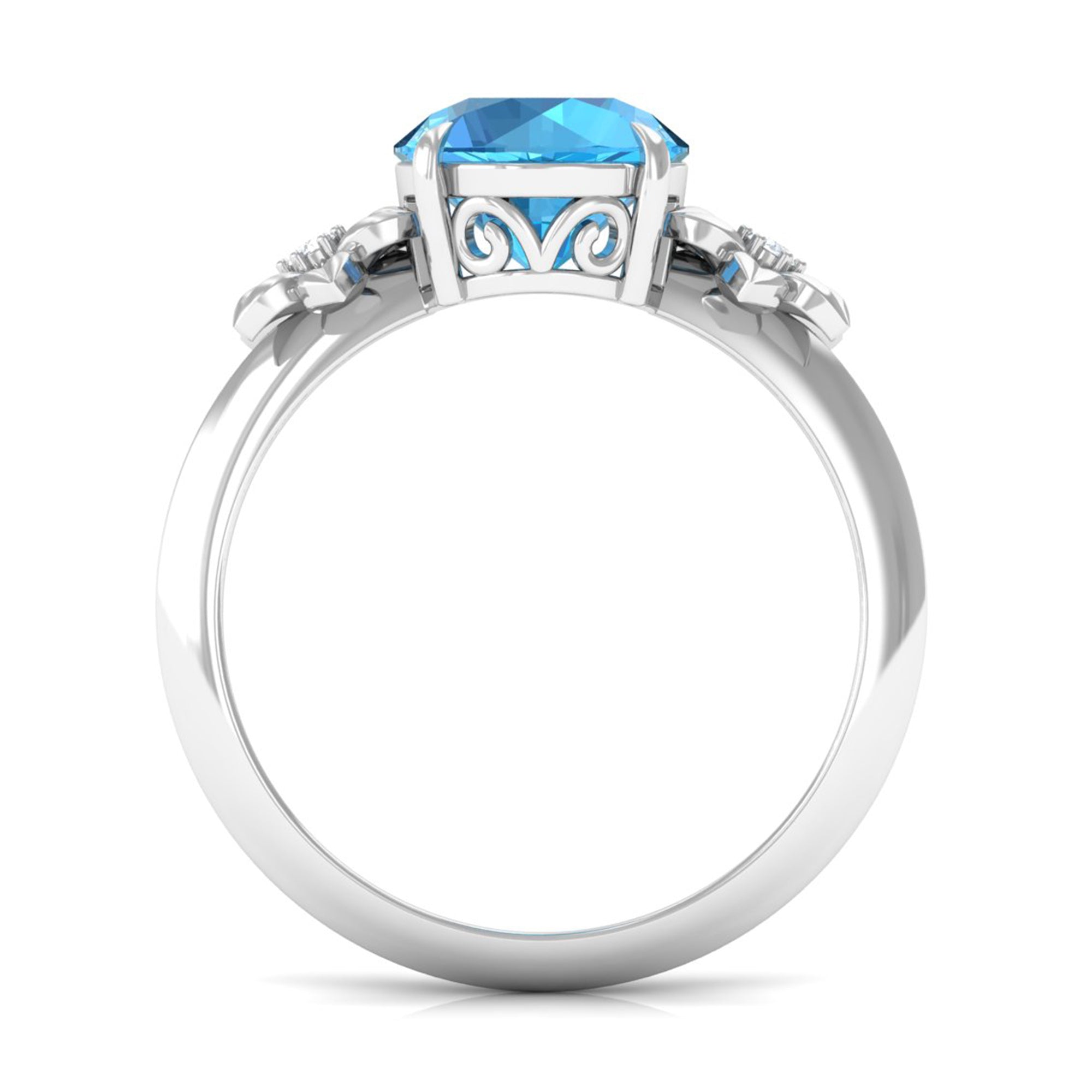 Rosec Jewels-2 CT Round Swiss Blue Topaz Solitaire Flower Engagement Ring with Diamond