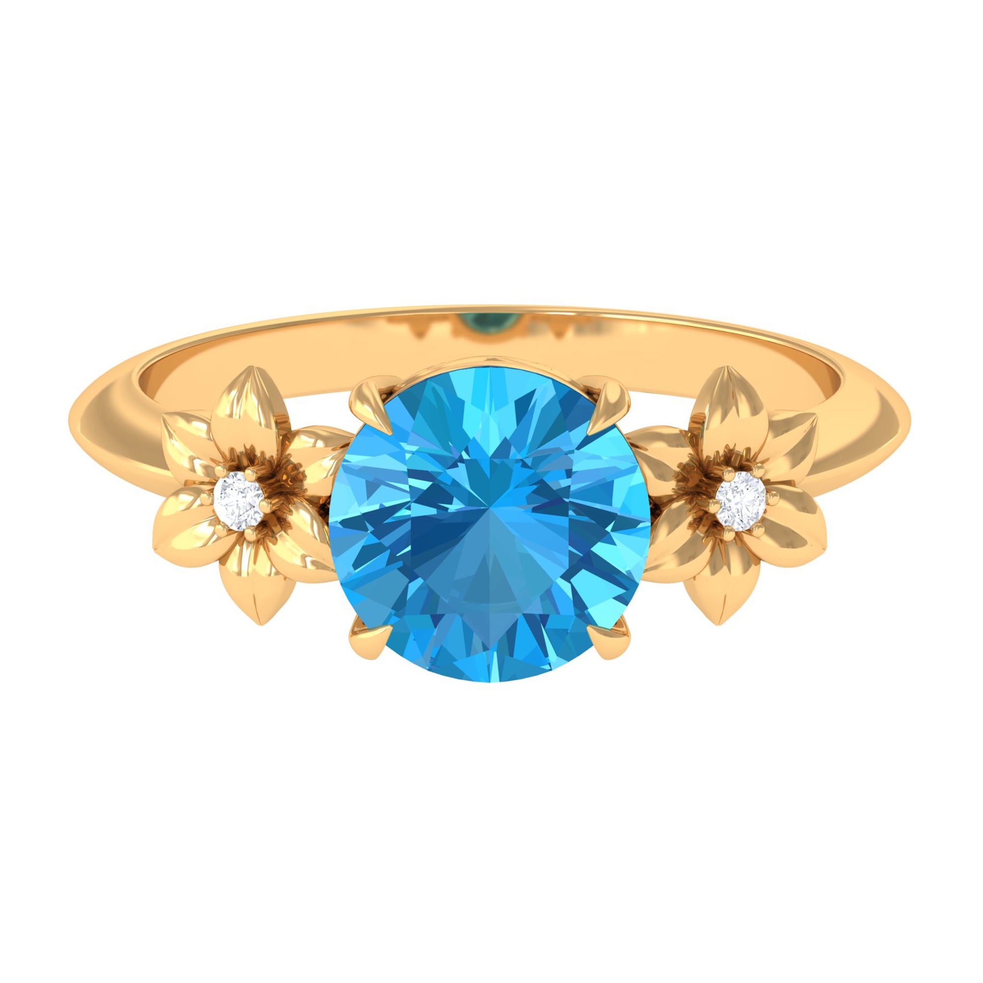 Rosec Jewels-2 CT Round Swiss Blue Topaz Solitaire Flower Engagement Ring with Diamond