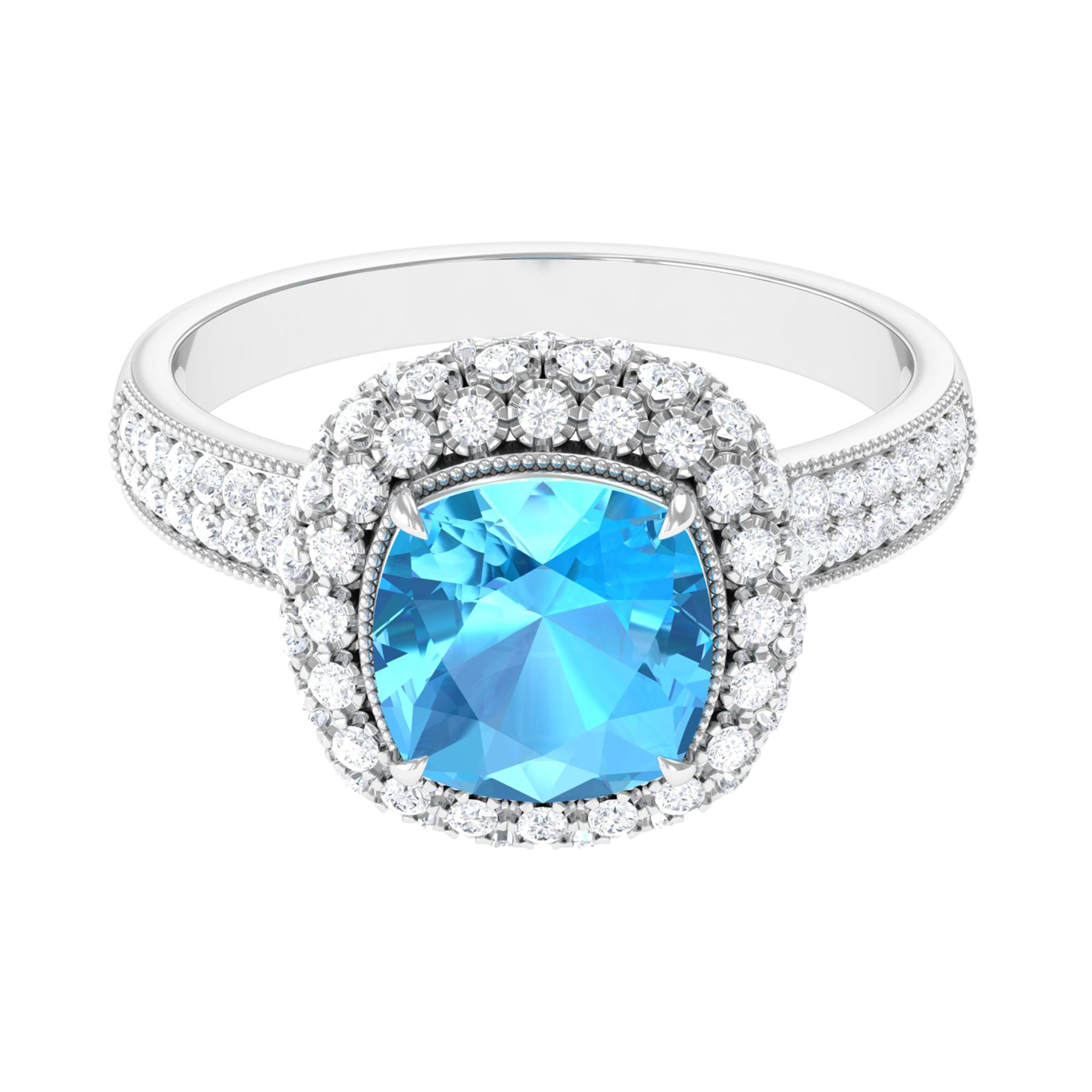 Rosec Jewels-Cushion Cut Swiss Blue Topaz Statement Engagement Ring with Moissanite