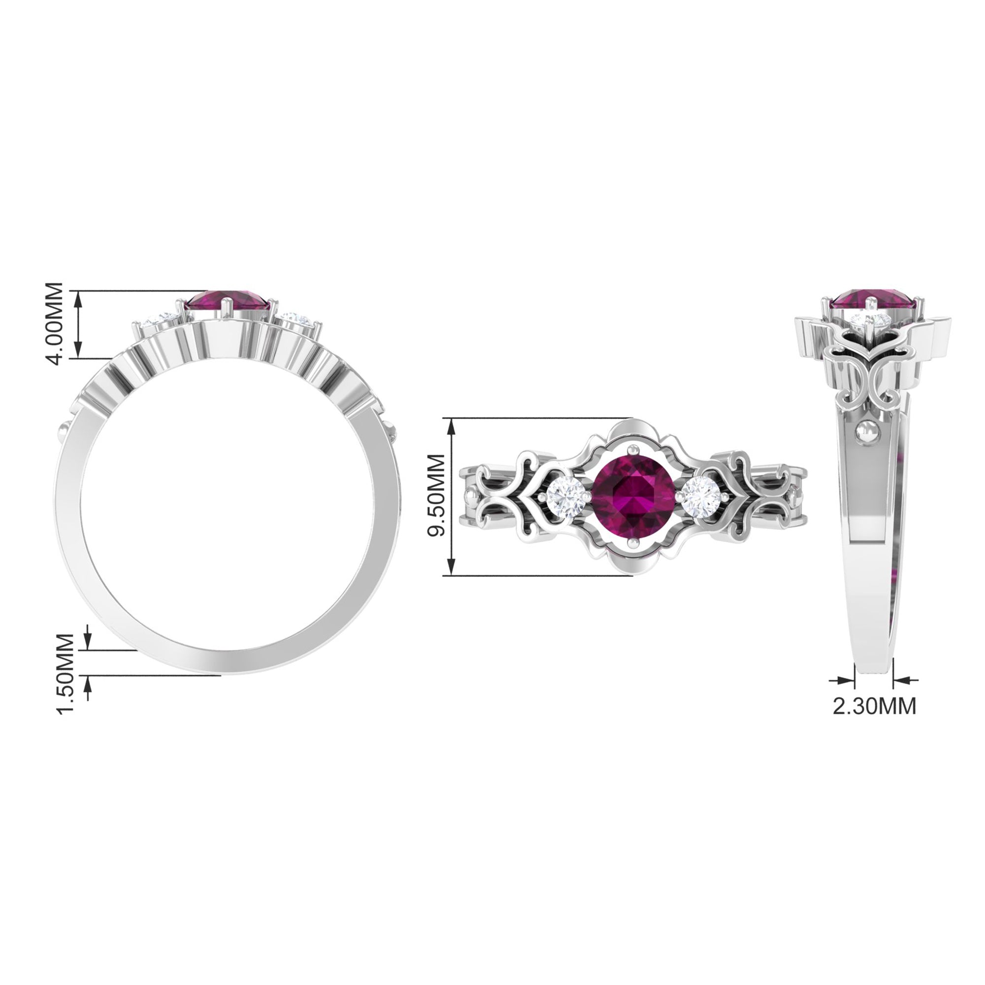 0.75 CT Rhodolite and Diamond Cut Out Antique Ring Rhodolite - ( AAA ) - Quality - Rosec Jewels