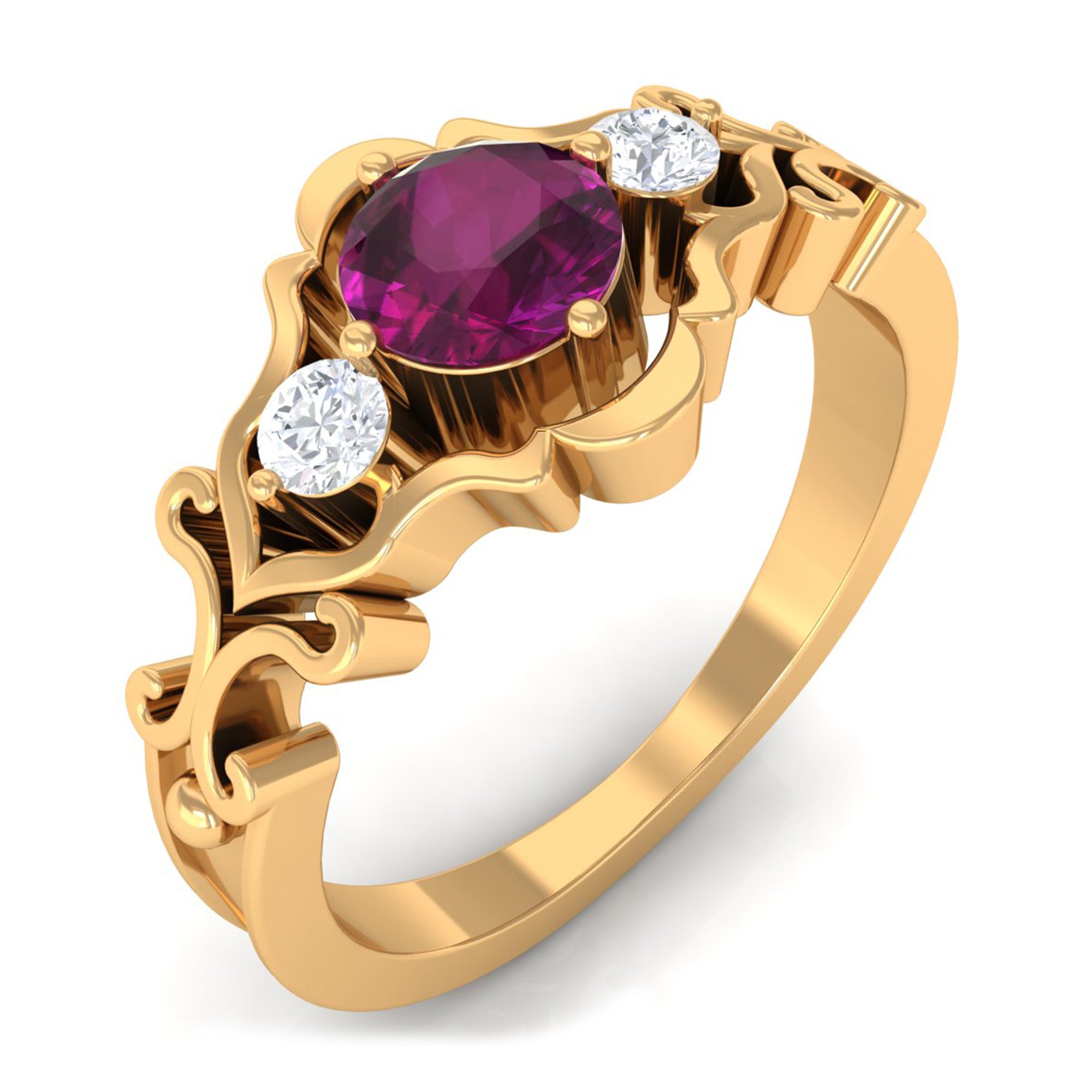 0.75 CT Rhodolite and Diamond Cut Out Antique Ring Rhodolite - ( AAA ) - Quality - Rosec Jewels