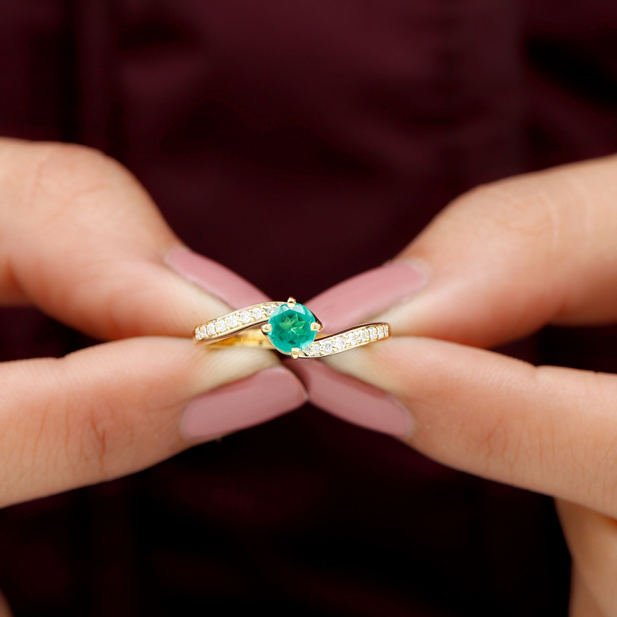 Rosec Jewels-Lab Grown Emerald Solitaire Bypass Ring with Diamond