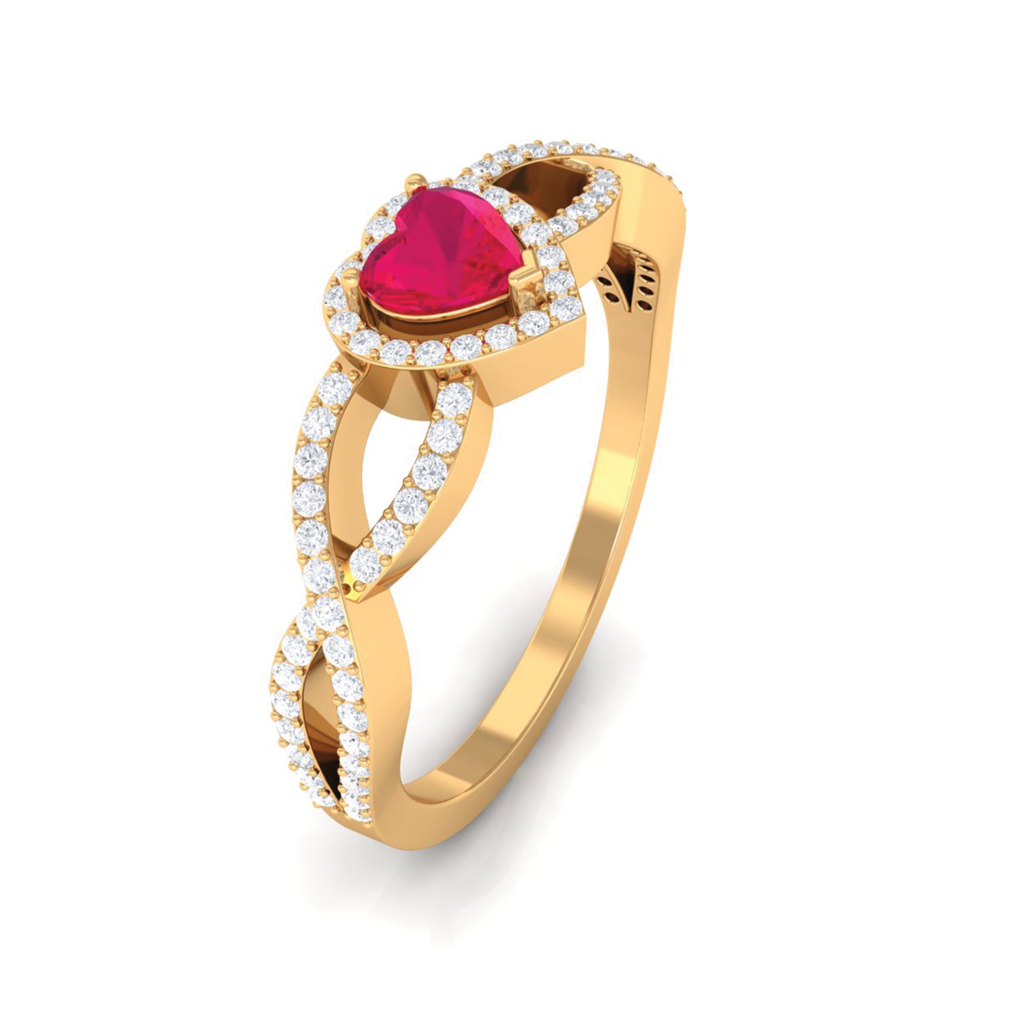 Rosec Jewels-Genuine Ruby Heart Crisscross Engagement Ring with Diamond