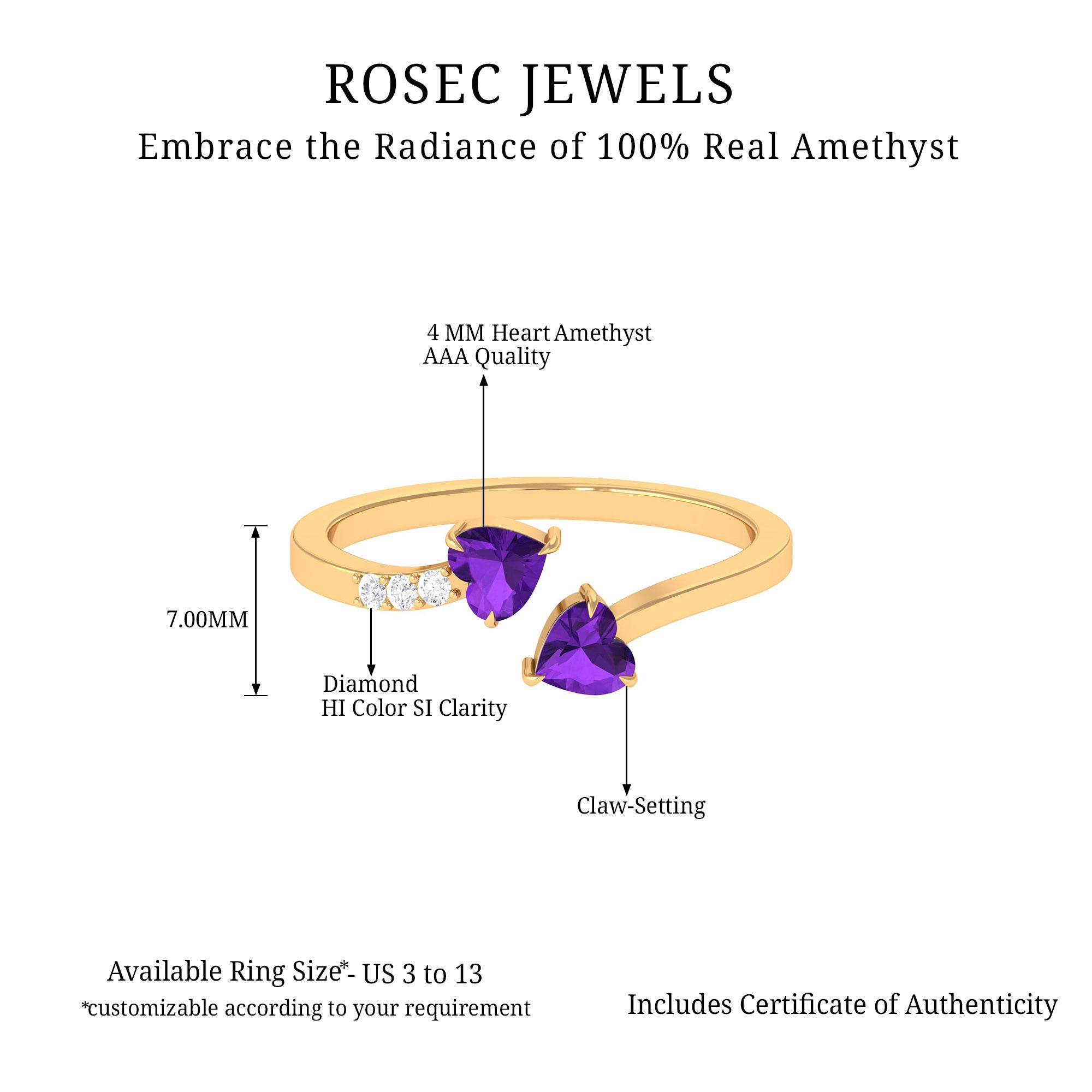 Rosec Jewels-Heart Shape Amethyst and Diamond Two Stone Wrap Ring