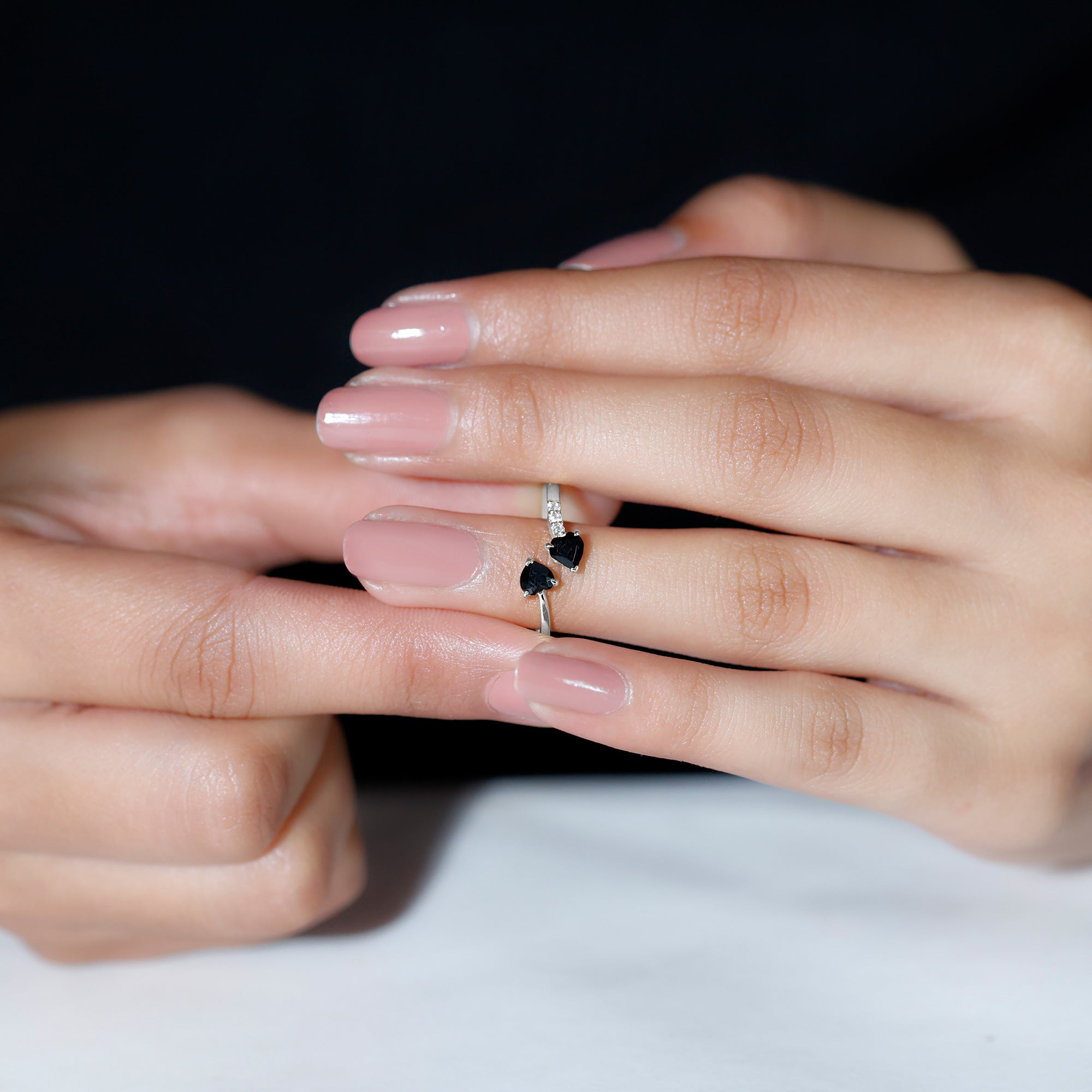 Rosec Jewels-Heart Shape Black Onyx Two Stone Wrap Ring with Diamond