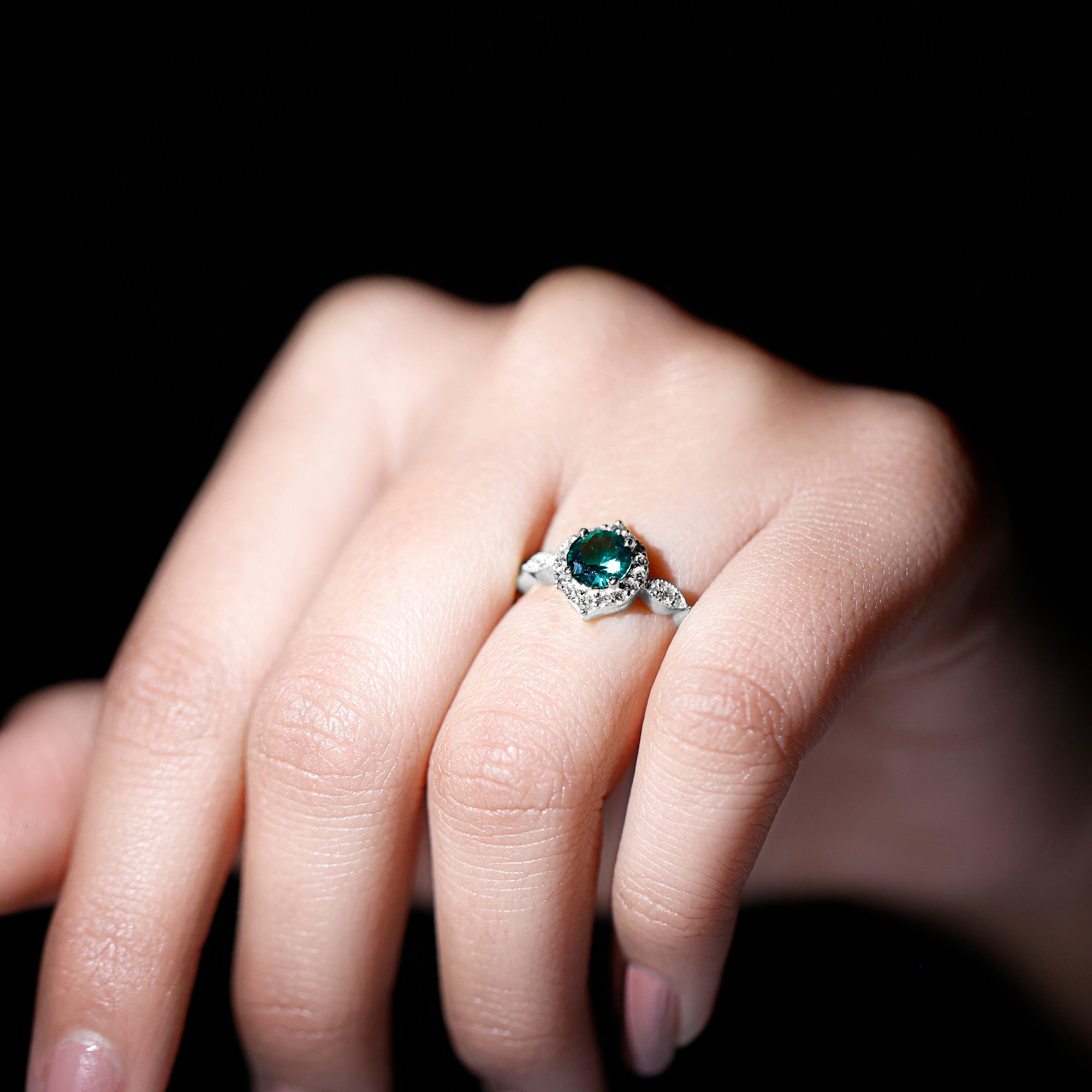 Unique Lab created Emerald Engagement Ring Vintage Moon Engagement Ring Nature Inspired Leaf Ring Alternative Gemstone Ring Promise buy ring