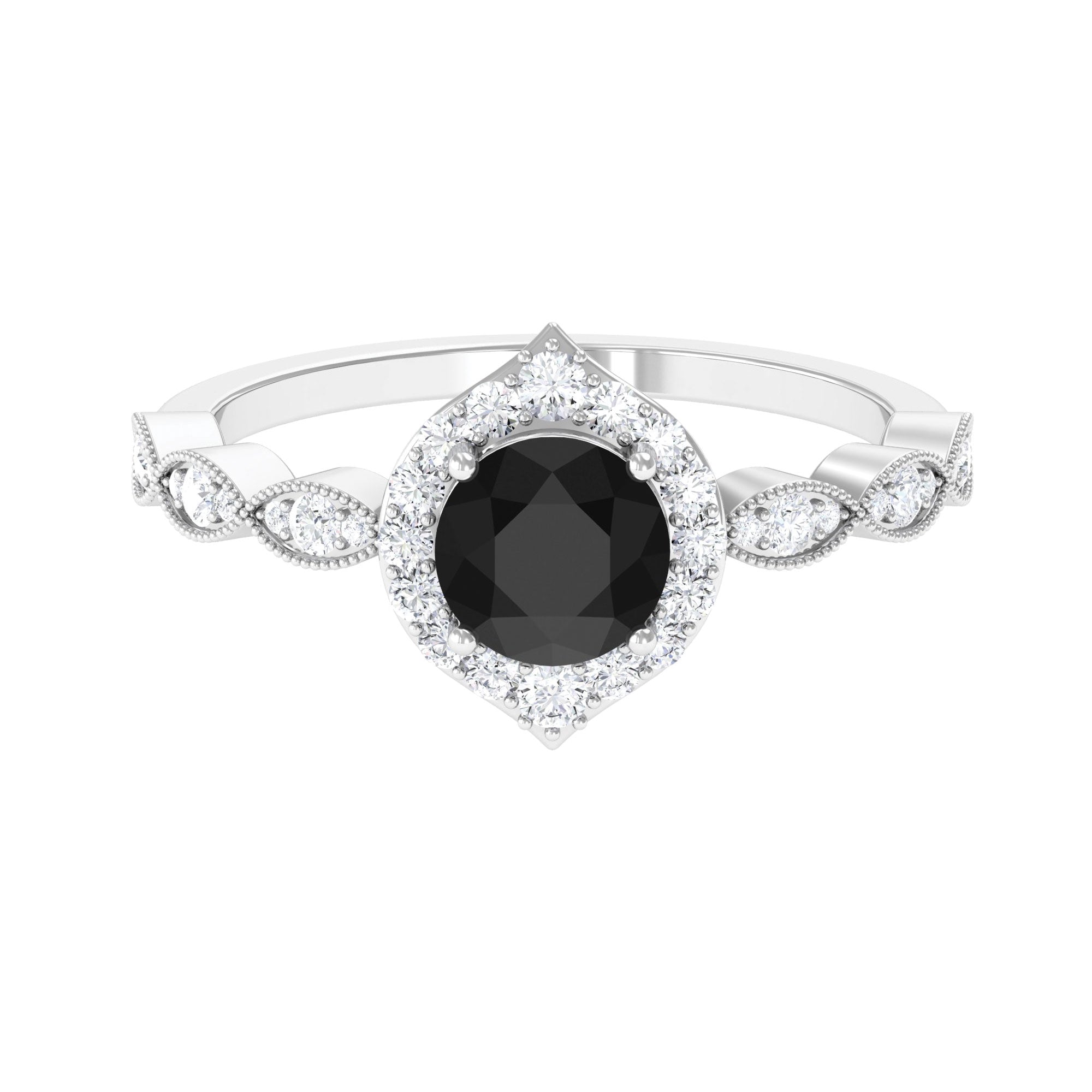 Rosec Jewels-1.75 CT Vintage Black Onyx Engagement Ring with Moissanite Accent