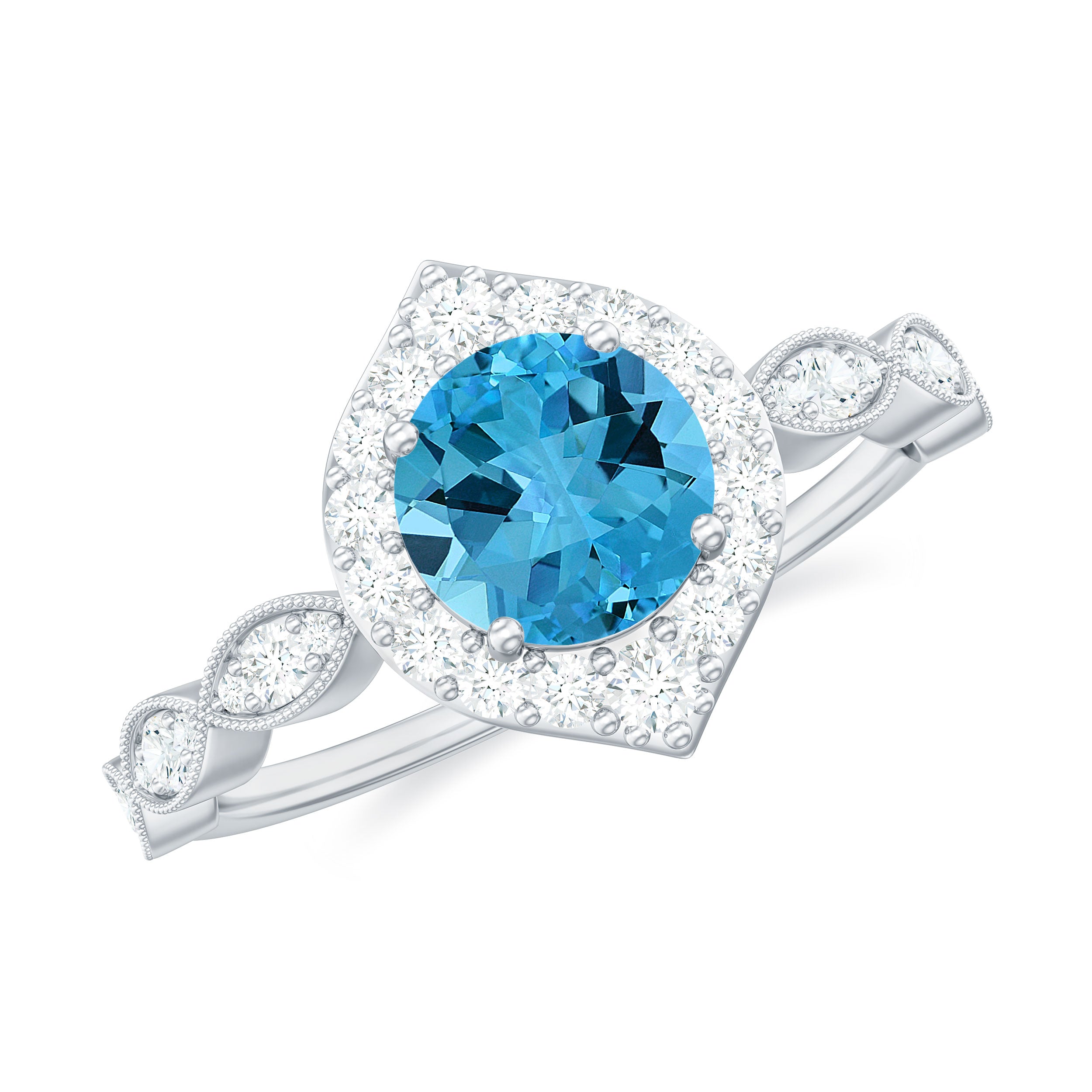 Rosec Jewels-1.75 CT Vintage Swiss Blue Topaz Engagement Ring with Moissanite Accent