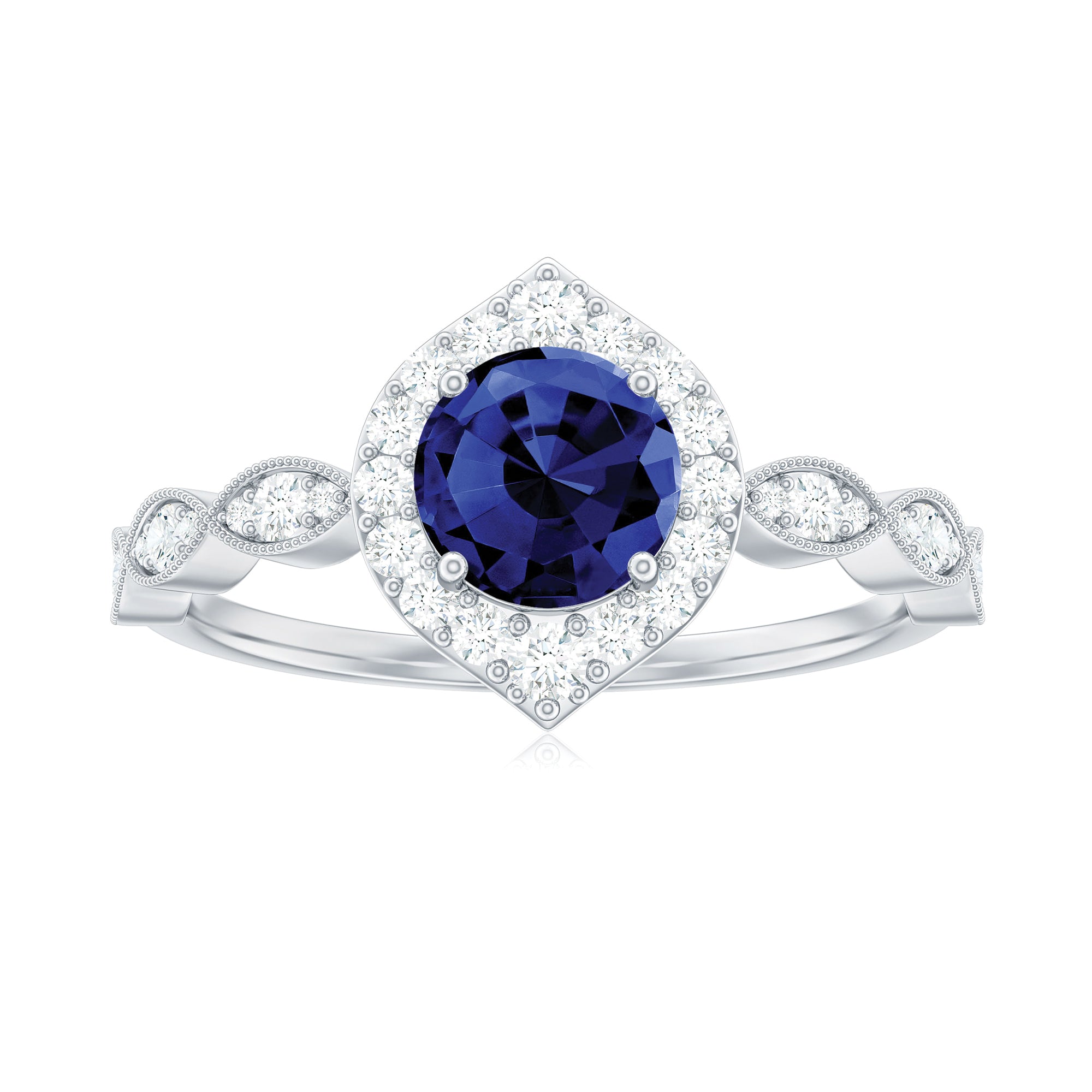 Rosec Jewels-1.75 CT Vintage Created Blue Sapphire Engagement Ring with Diamond Accent