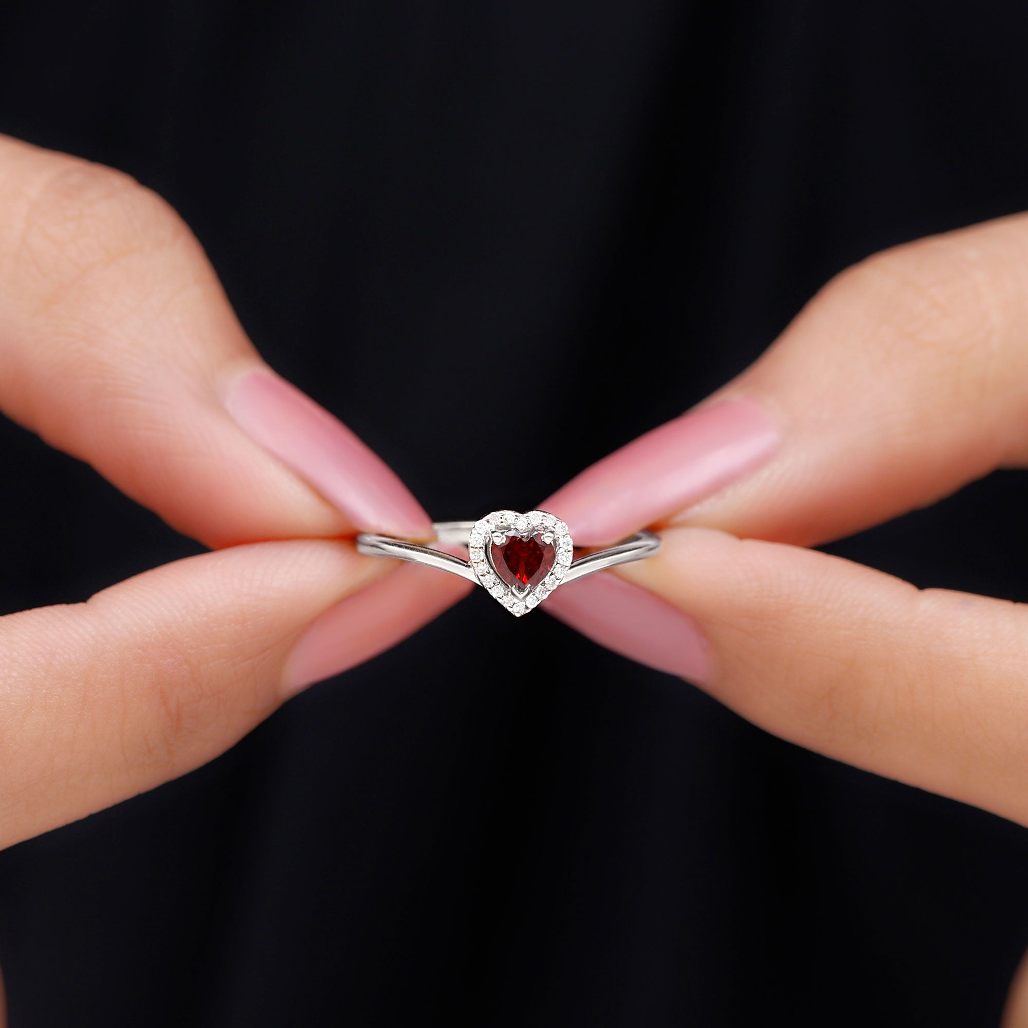 Rosec Jewels-Herat Shape Garnet Promise Ring with Diamond