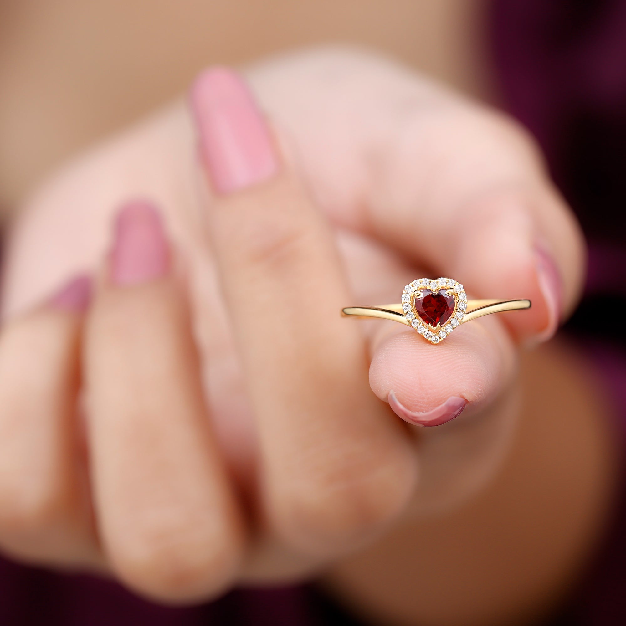 Rosec Jewels-Herat Shape Garnet Promise Ring with Diamond