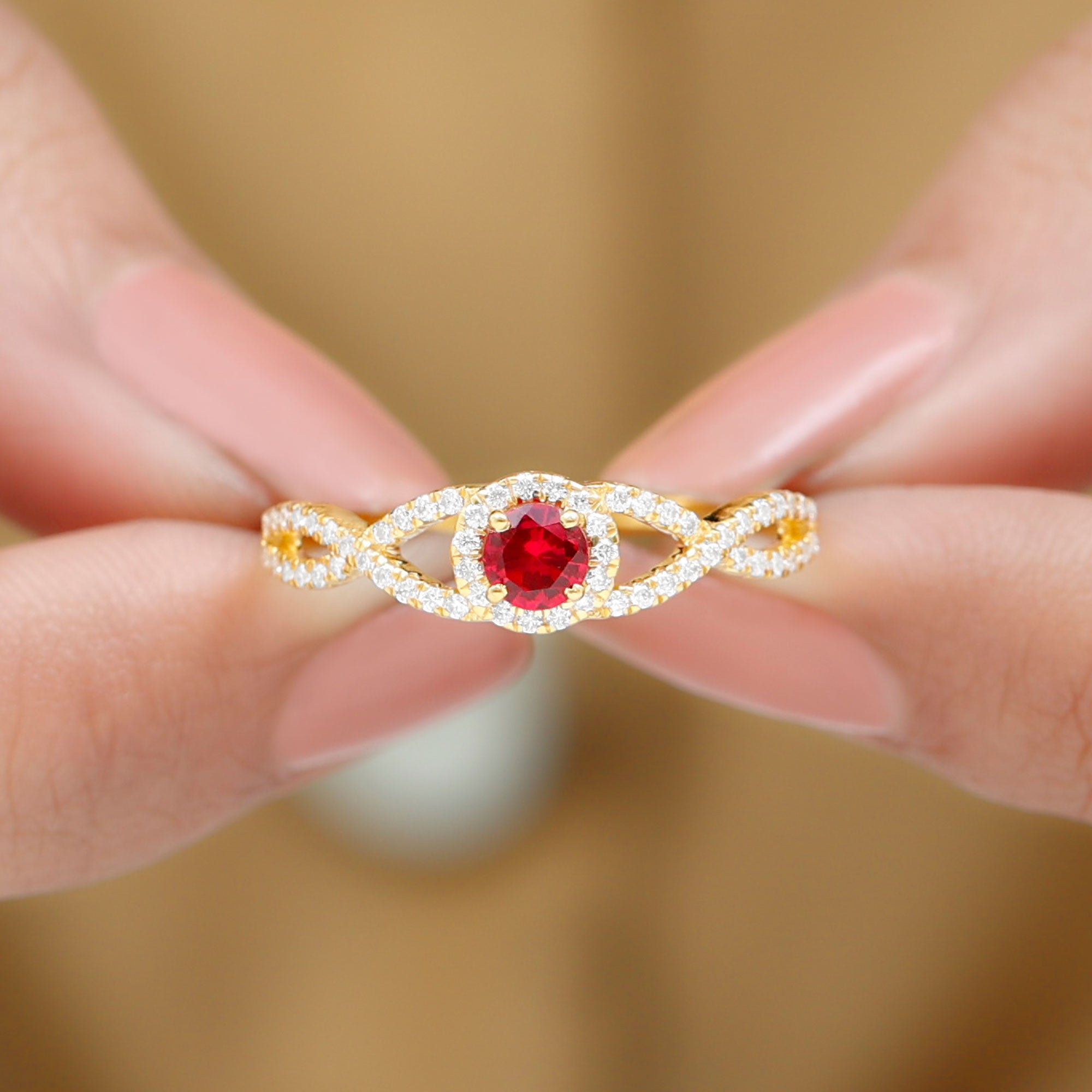 Criss Cross Shank Created Ruby and Diamond Halo Engagement Ring Lab Created Ruby - ( AAAA ) - Quality - Rosec Jewels