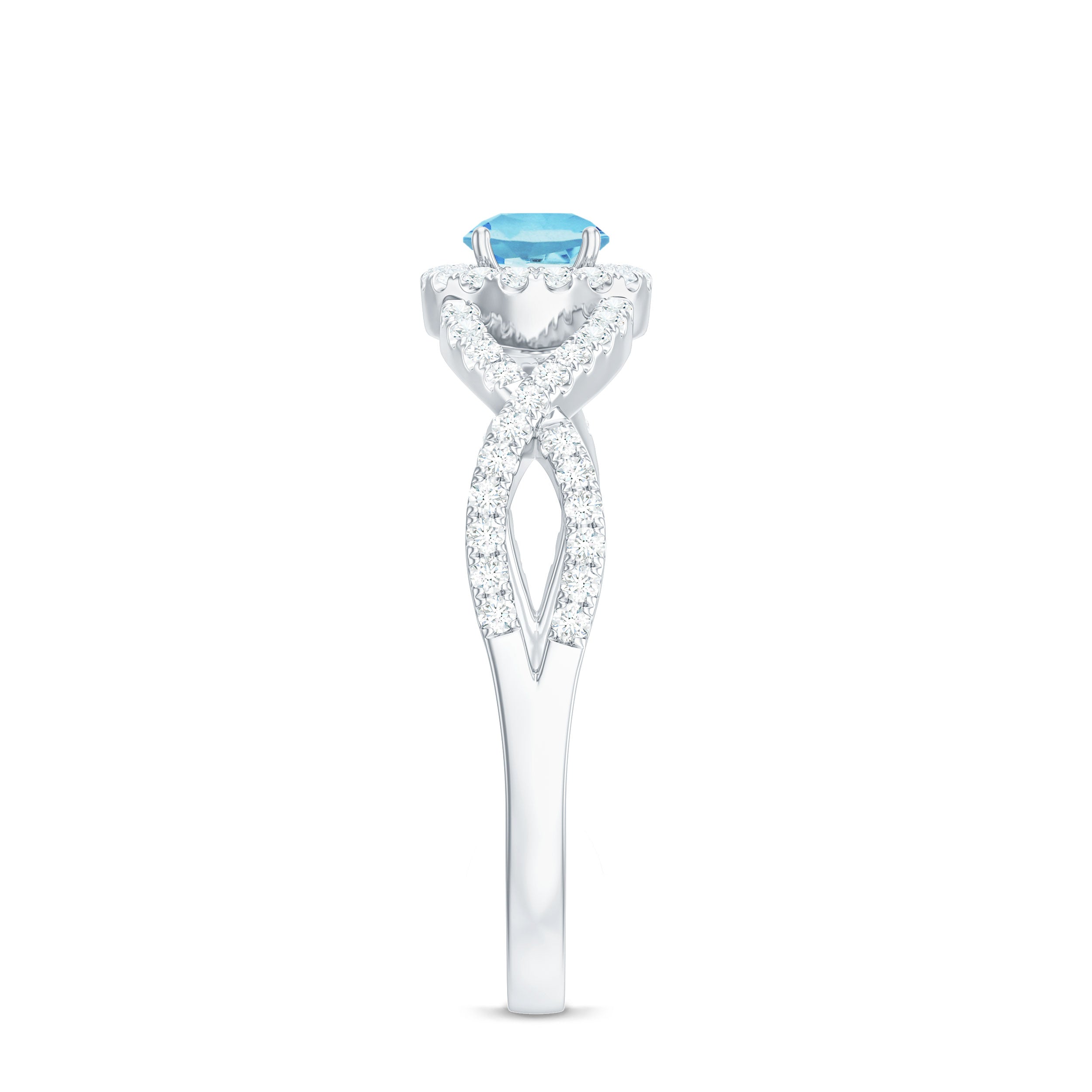 Rosec Jewels-Aquamarine Criss Cross Engagement Ring with Diamond Halo