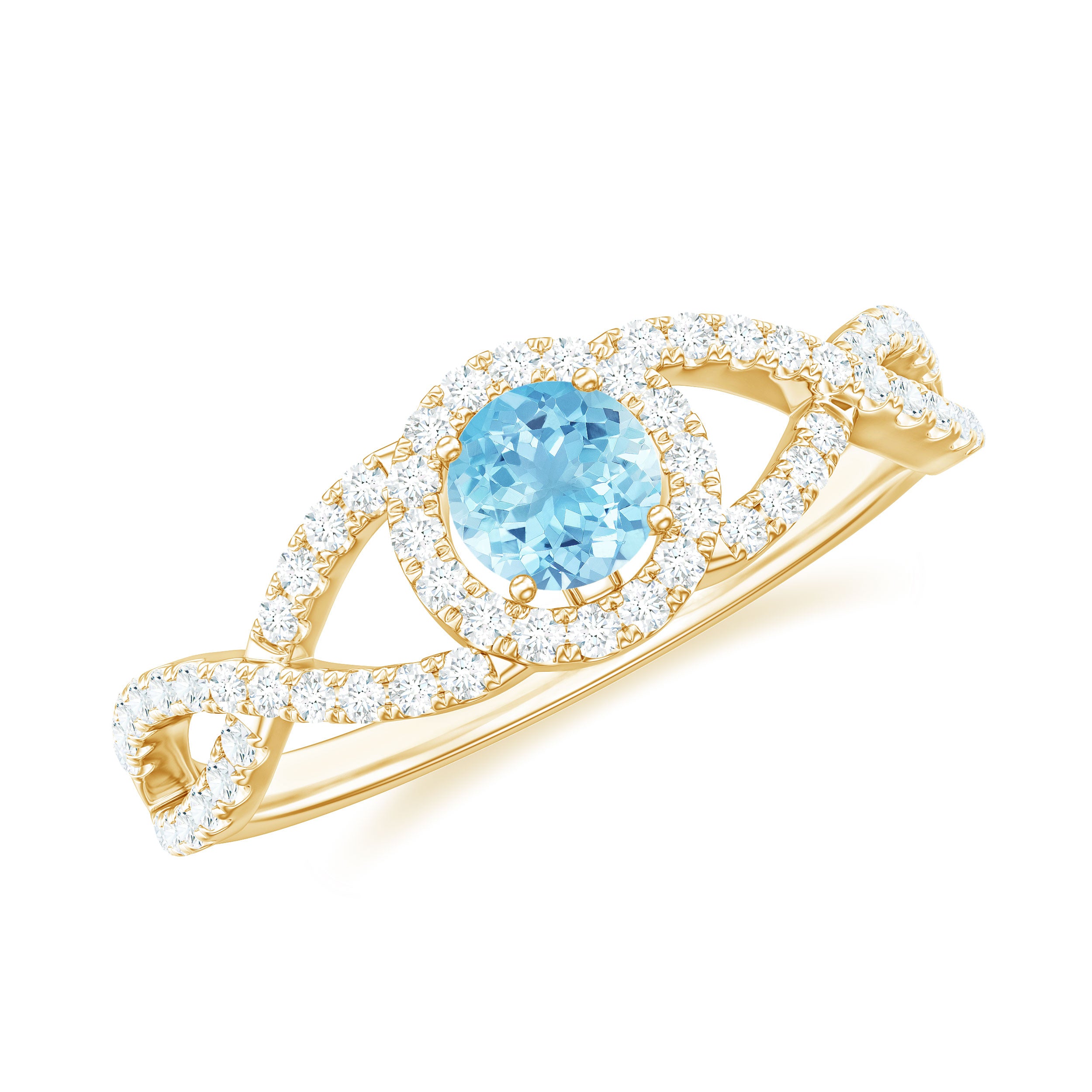 Rosec Jewels-Aquamarine Criss Cross Engagement Ring with Diamond Halo