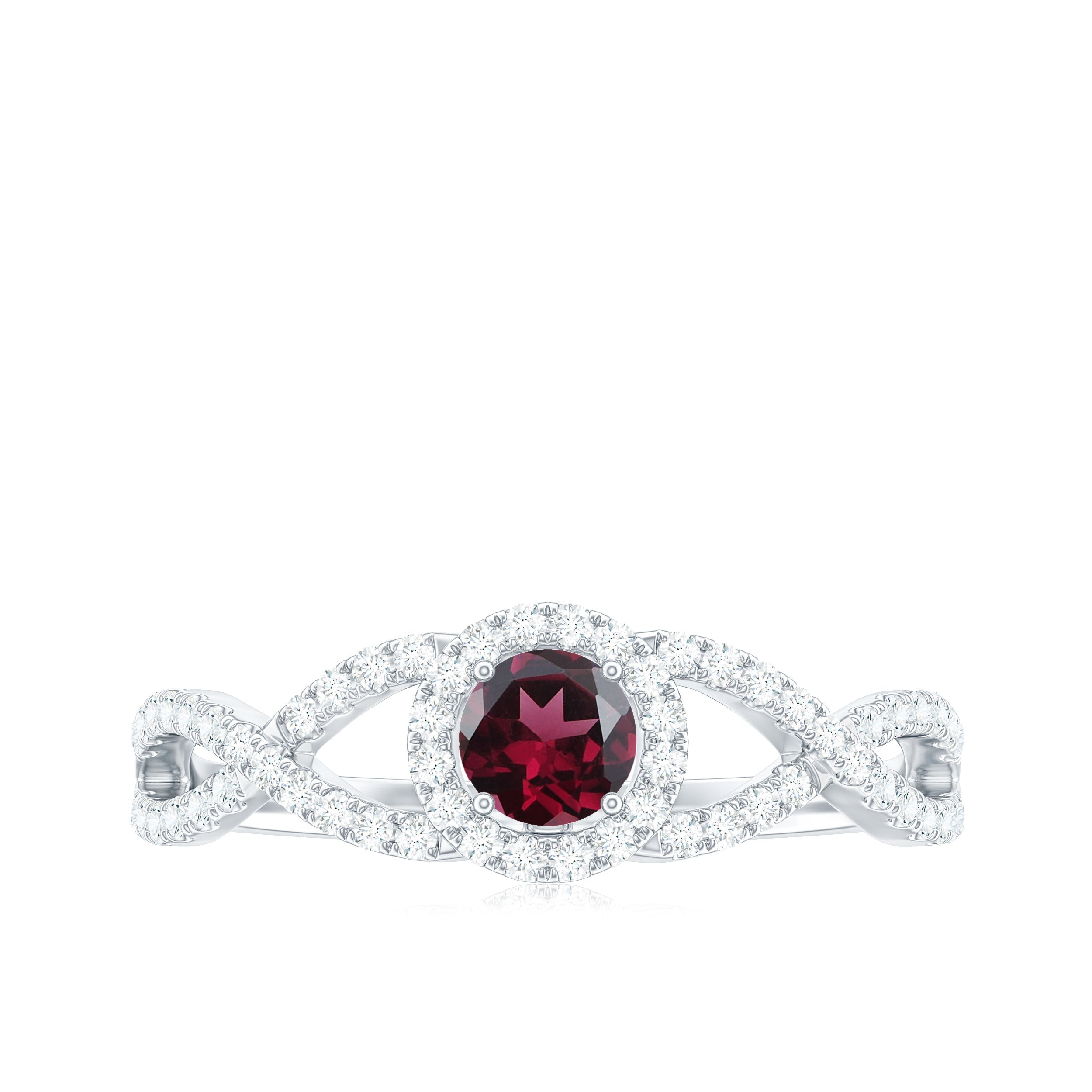 Rosec Jewels-Criss Cross Shank Rhodolite and Diamond Halo Engagement Ring