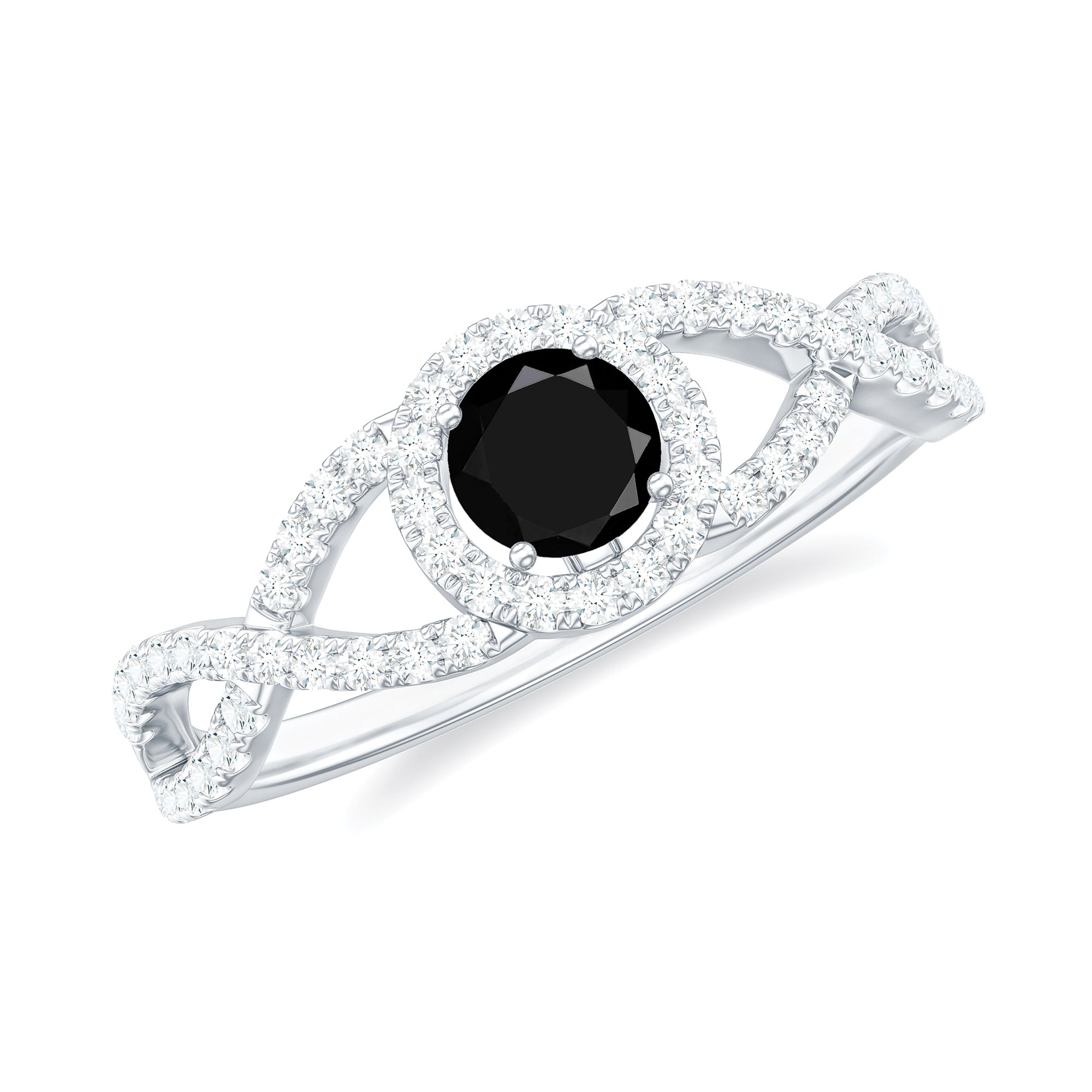 Rosec Jewels-Criss Cross Shank Black Onyx and Diamond Halo Engagement Ring