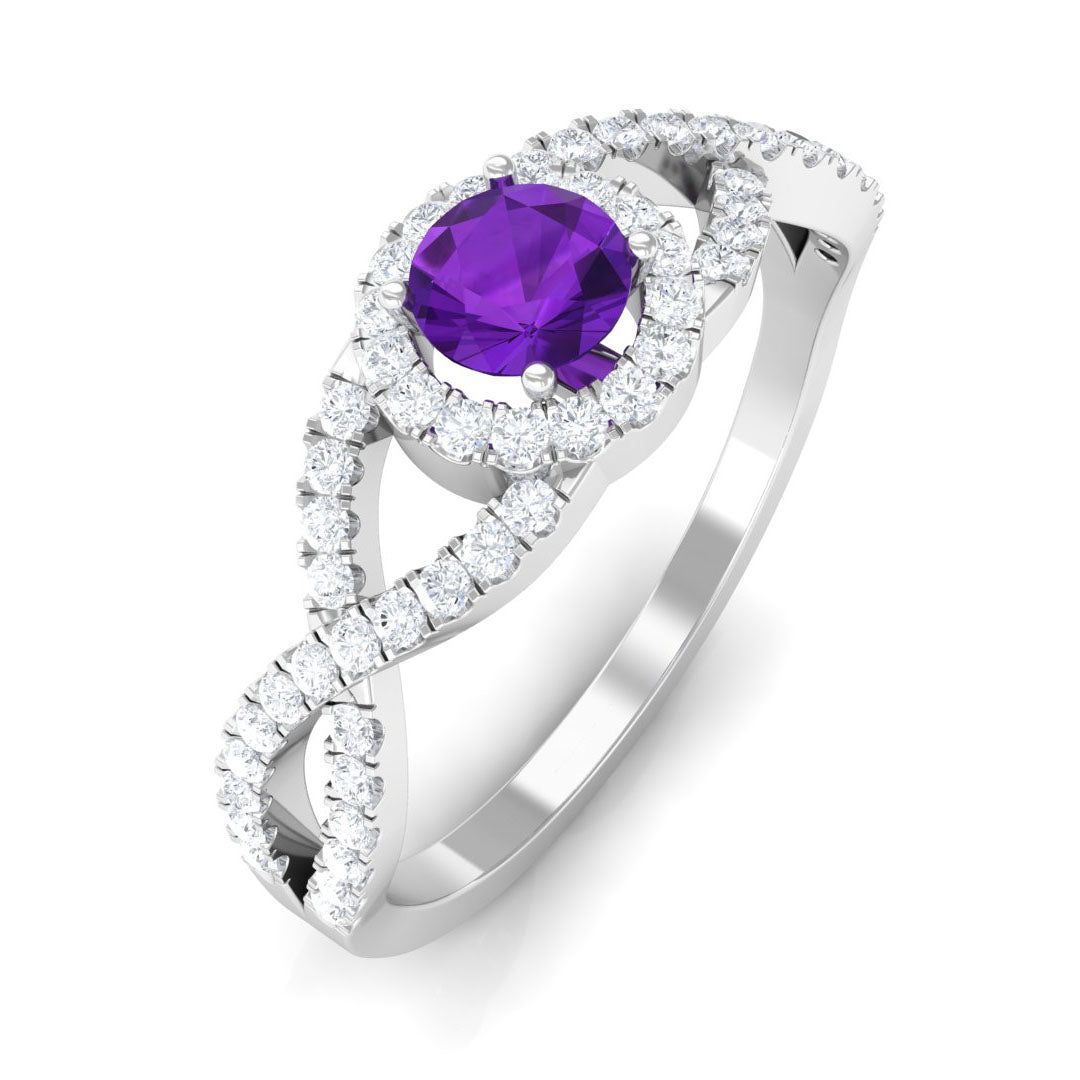 Rosec Jewels-Round Amethyst and Diamond Criss Cross Engagement Ring