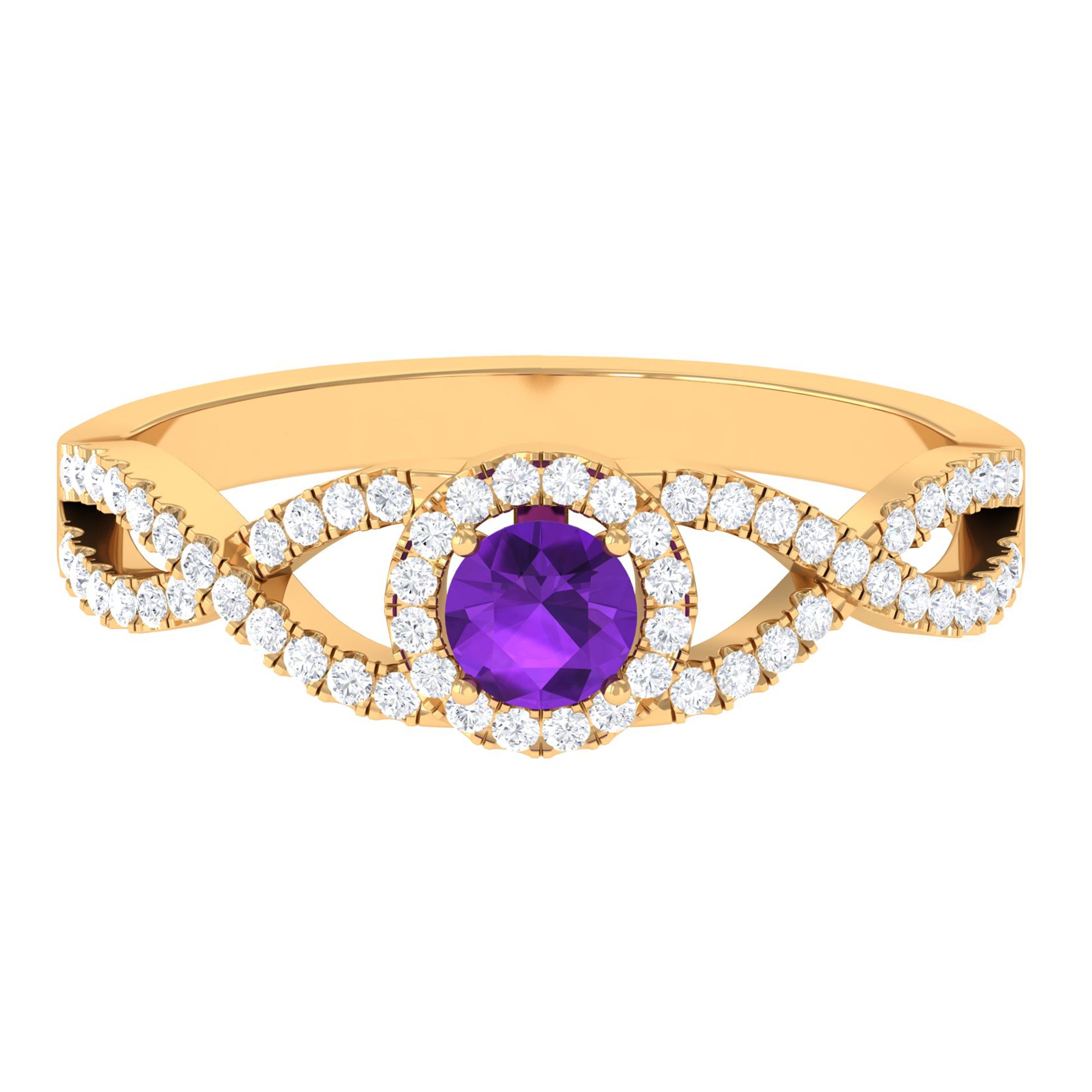 Rosec Jewels-Round Amethyst and Diamond Criss Cross Engagement Ring