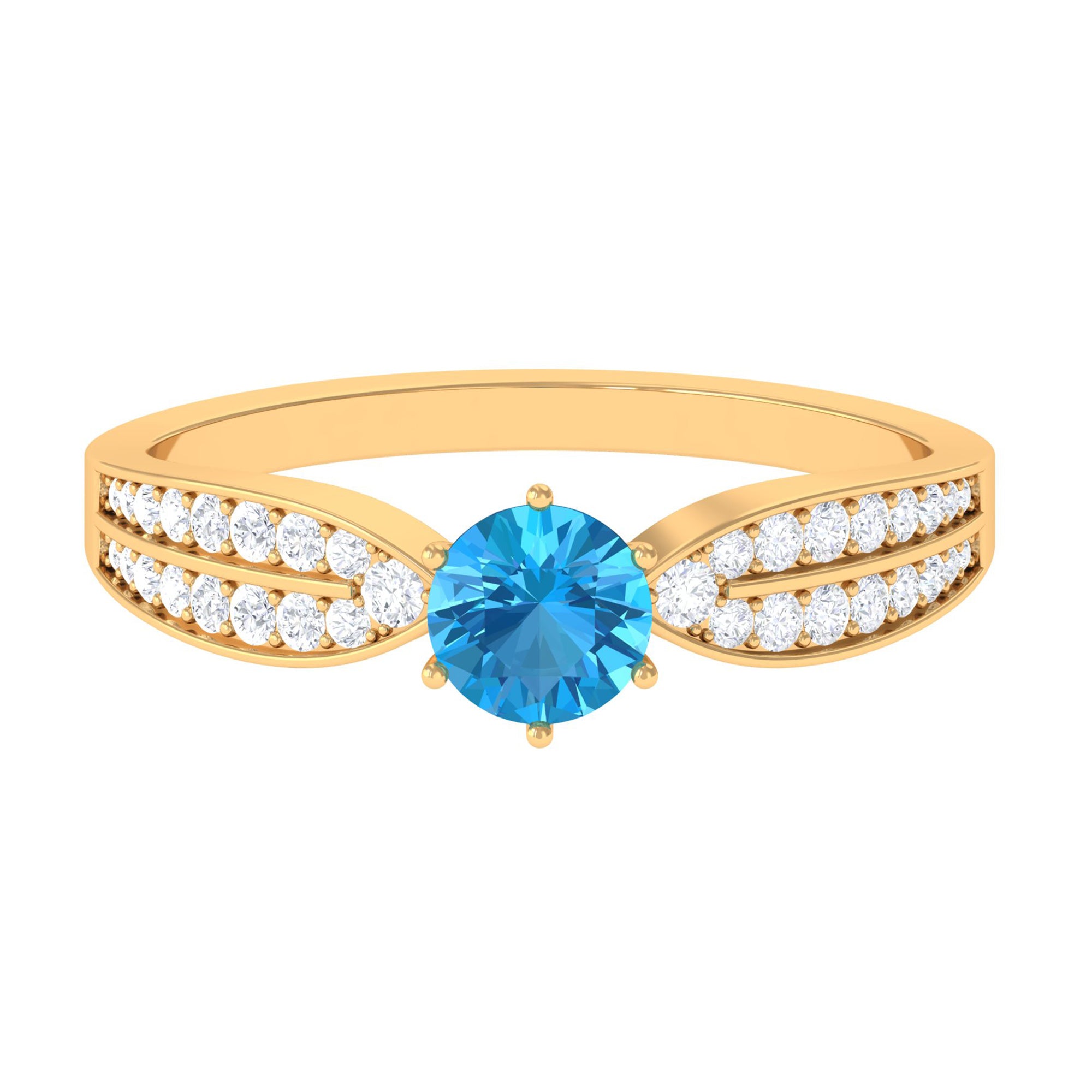 Rosec Jewels-Swiss Blue Topaz Engagement Ring with Diamond Side Stones