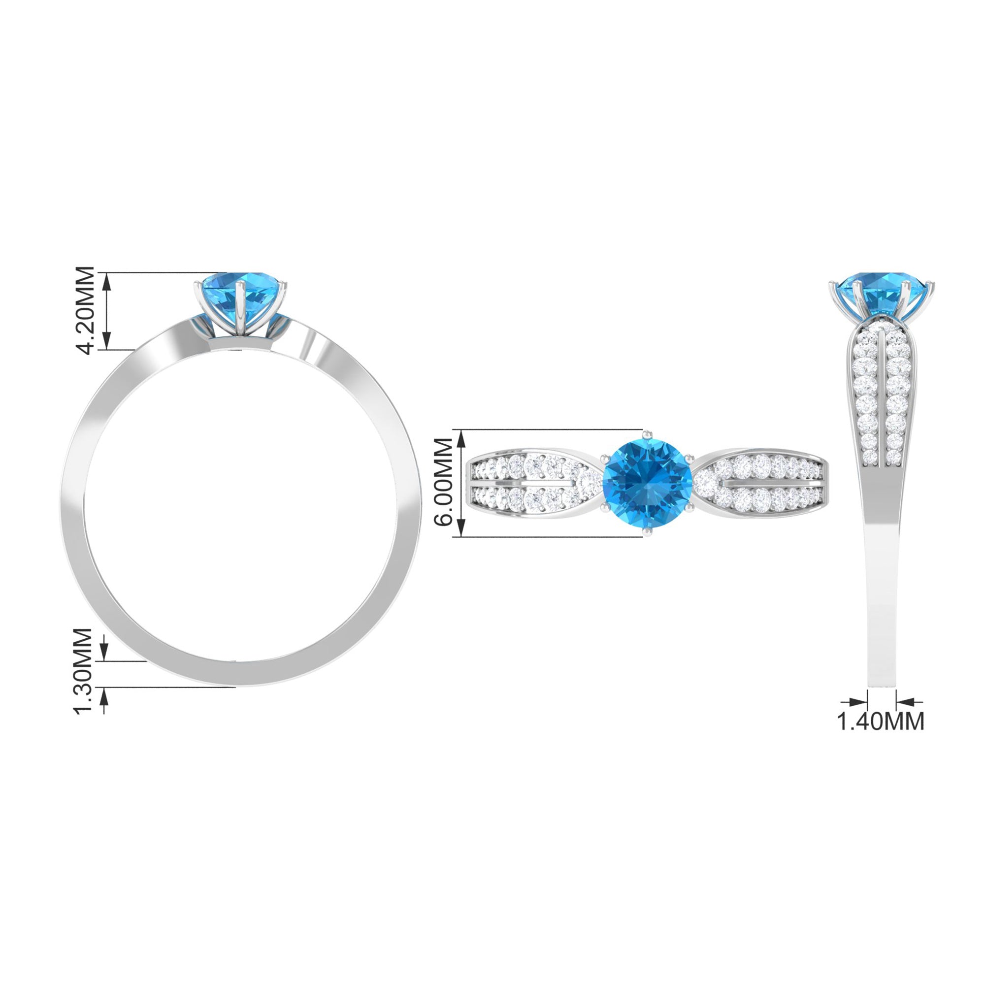 Rosec Jewels-Swiss Blue Topaz Engagement Ring with Diamond Side Stones