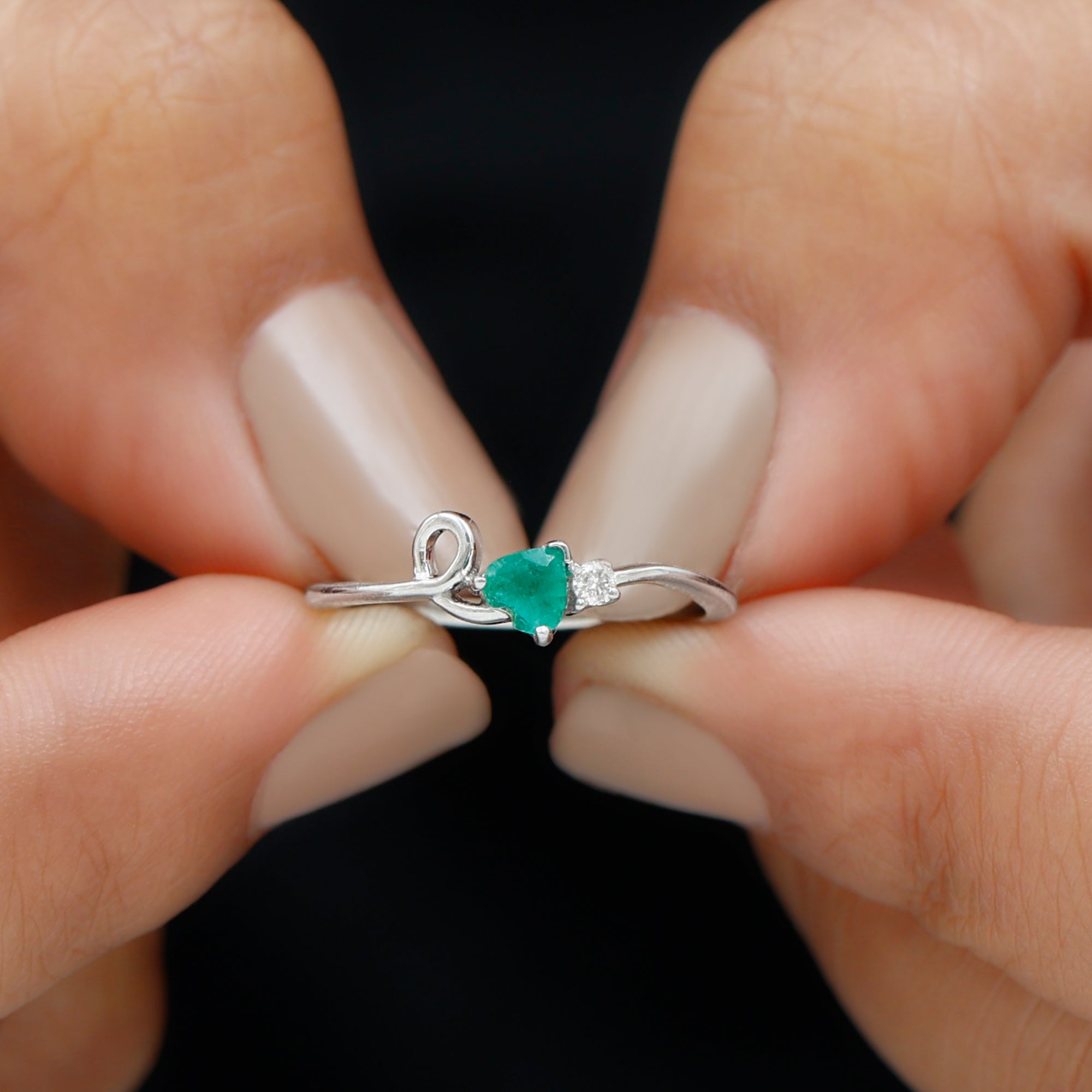 Rosec Jewels-Heart Shape Emerald and Diamond Twisted Promise Ring in Gold