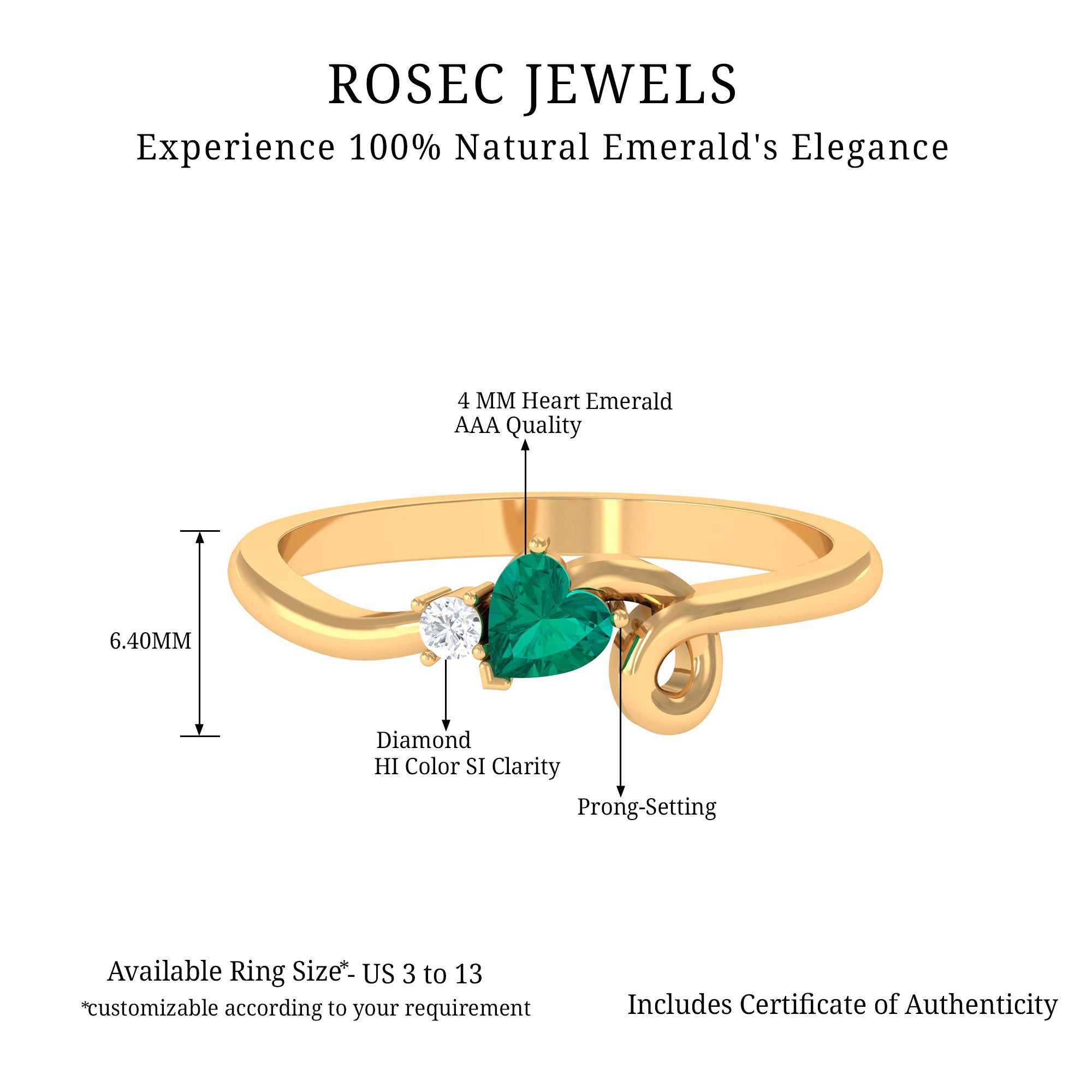 Rosec Jewels-Heart Shape Emerald and Diamond Twisted Promise Ring in Gold