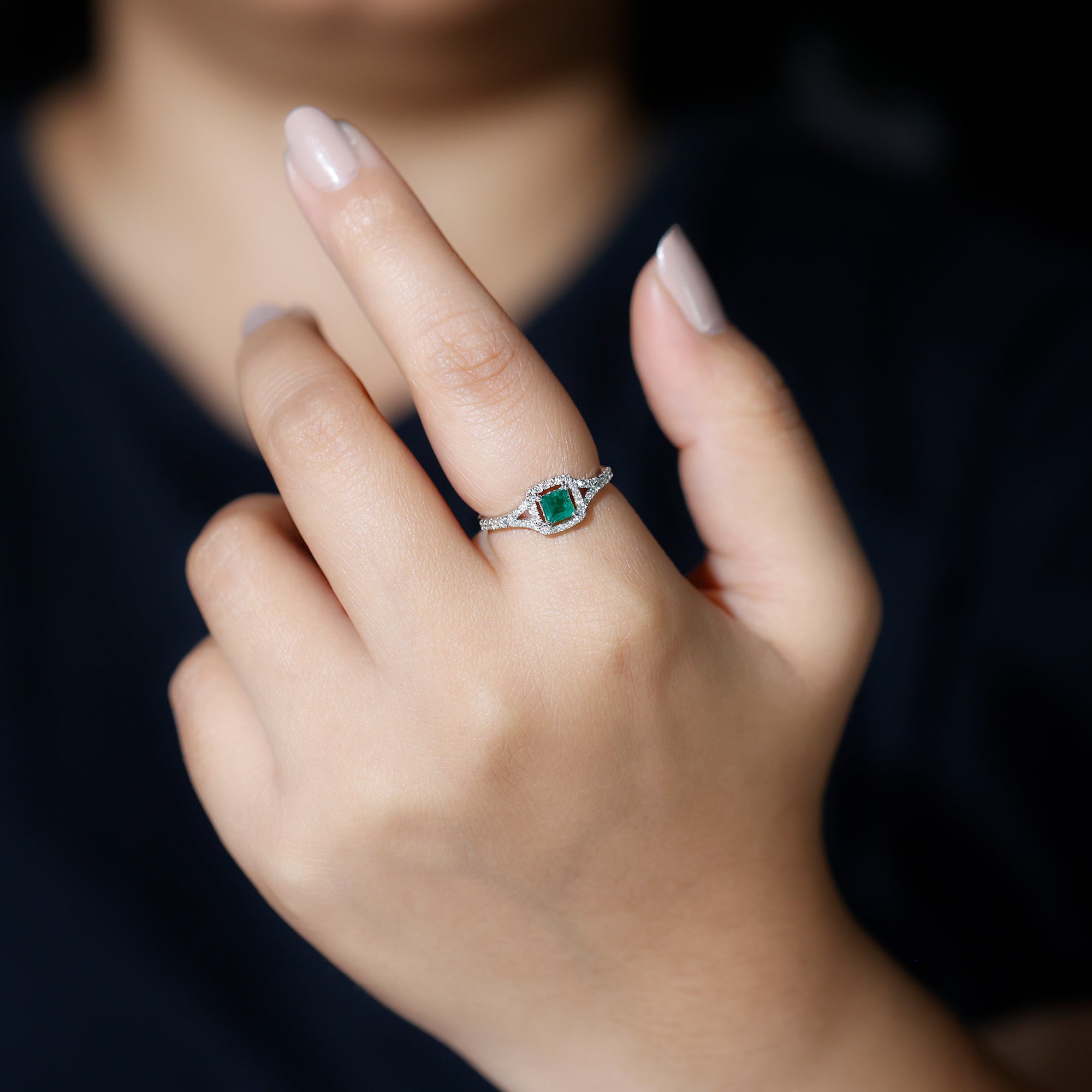 Rosec Jewels-Princess shape Emerald Engagement Ring with Diamond Split Shank