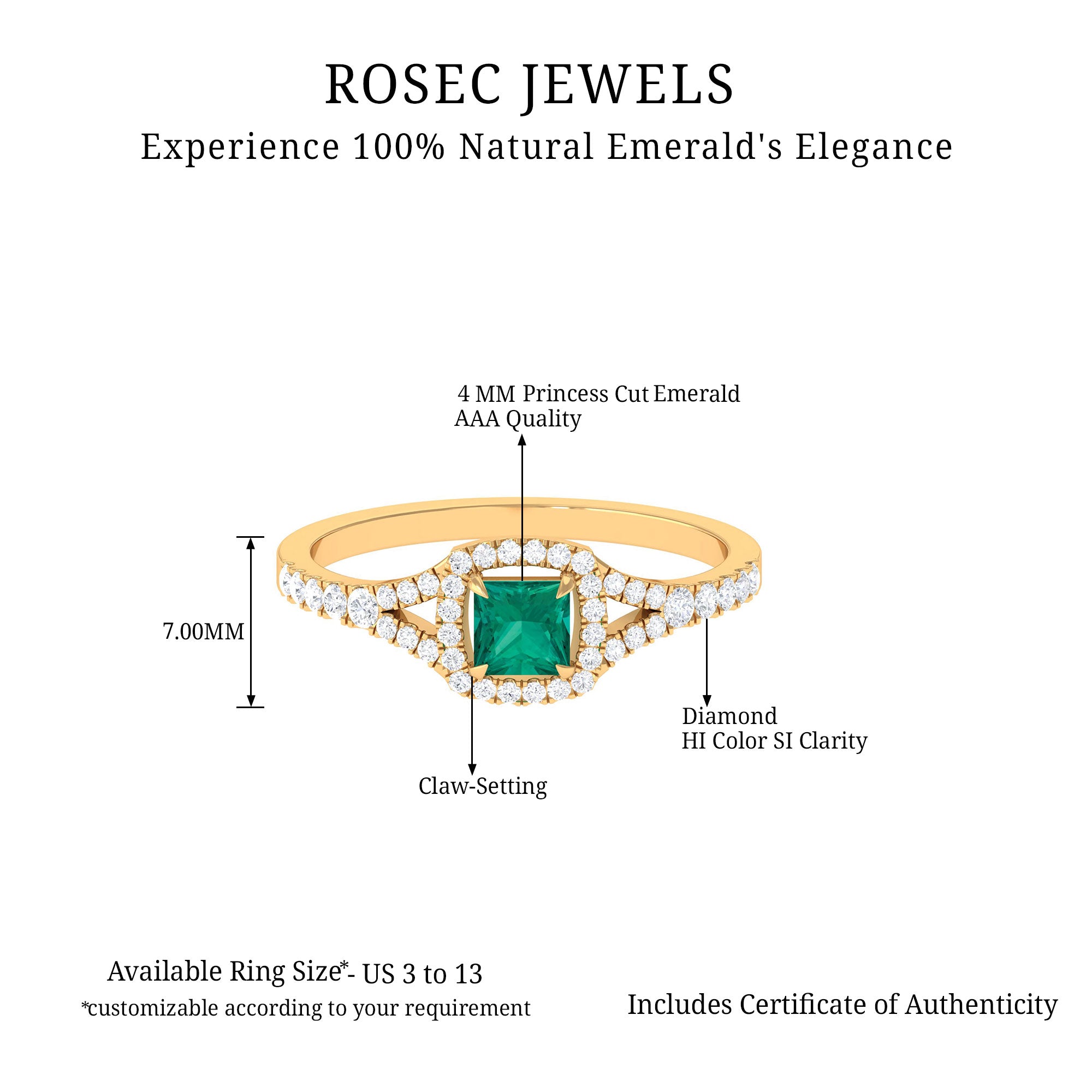 Rosec Jewels-Princess shape Emerald Engagement Ring with Diamond Split Shank