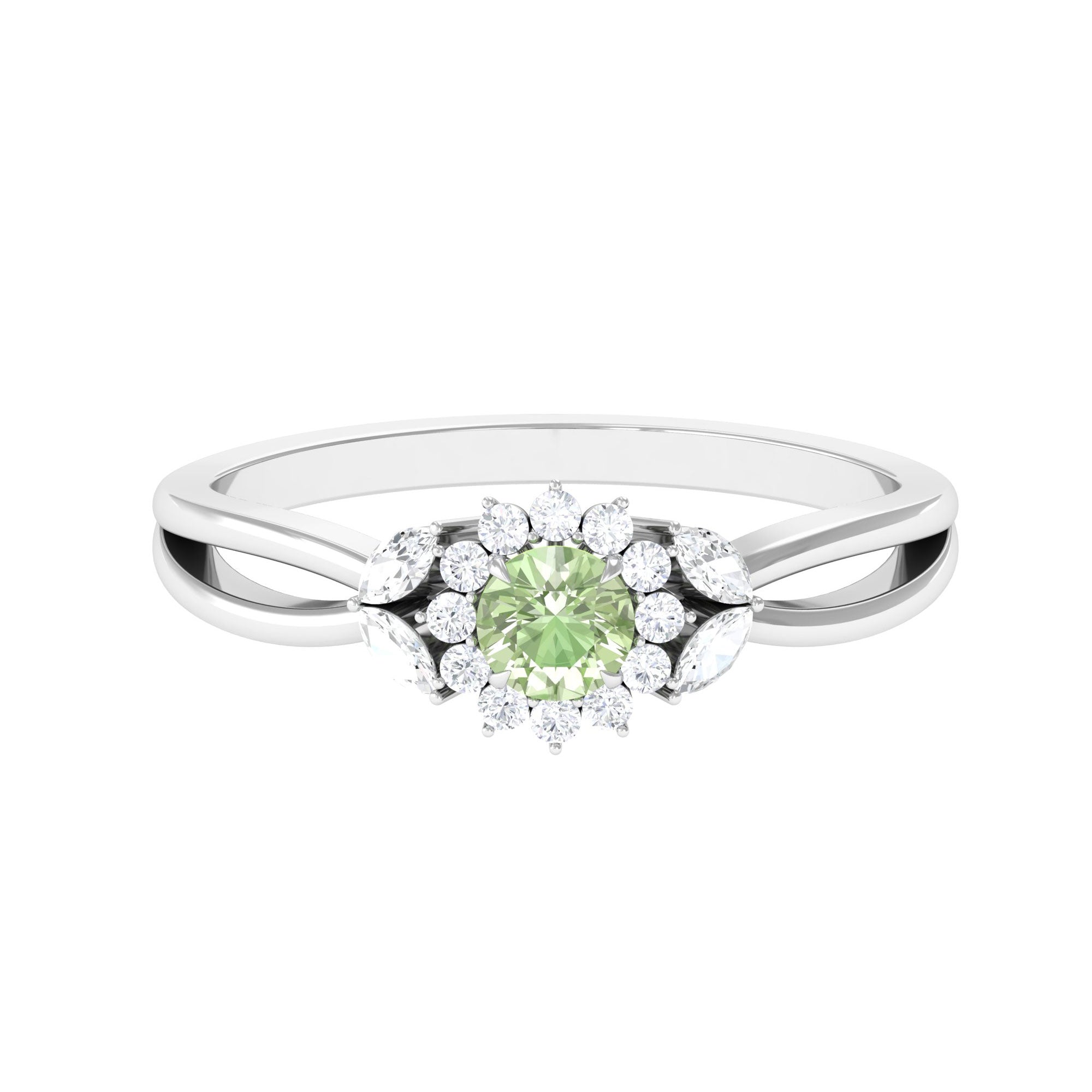 Rosec Jewels-Green Sapphire and Diamond Flower Engagement Ring with Split Shank